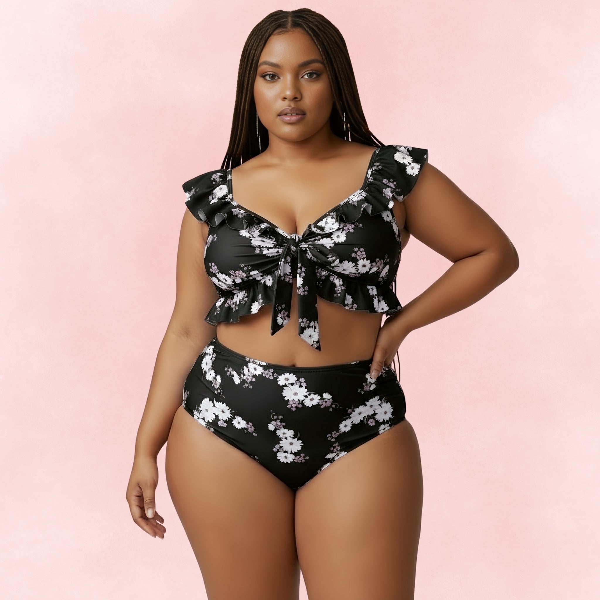 Plus size black bikini set with ruffle top and floral print, featuring high-waisted bottoms and tie-front design.