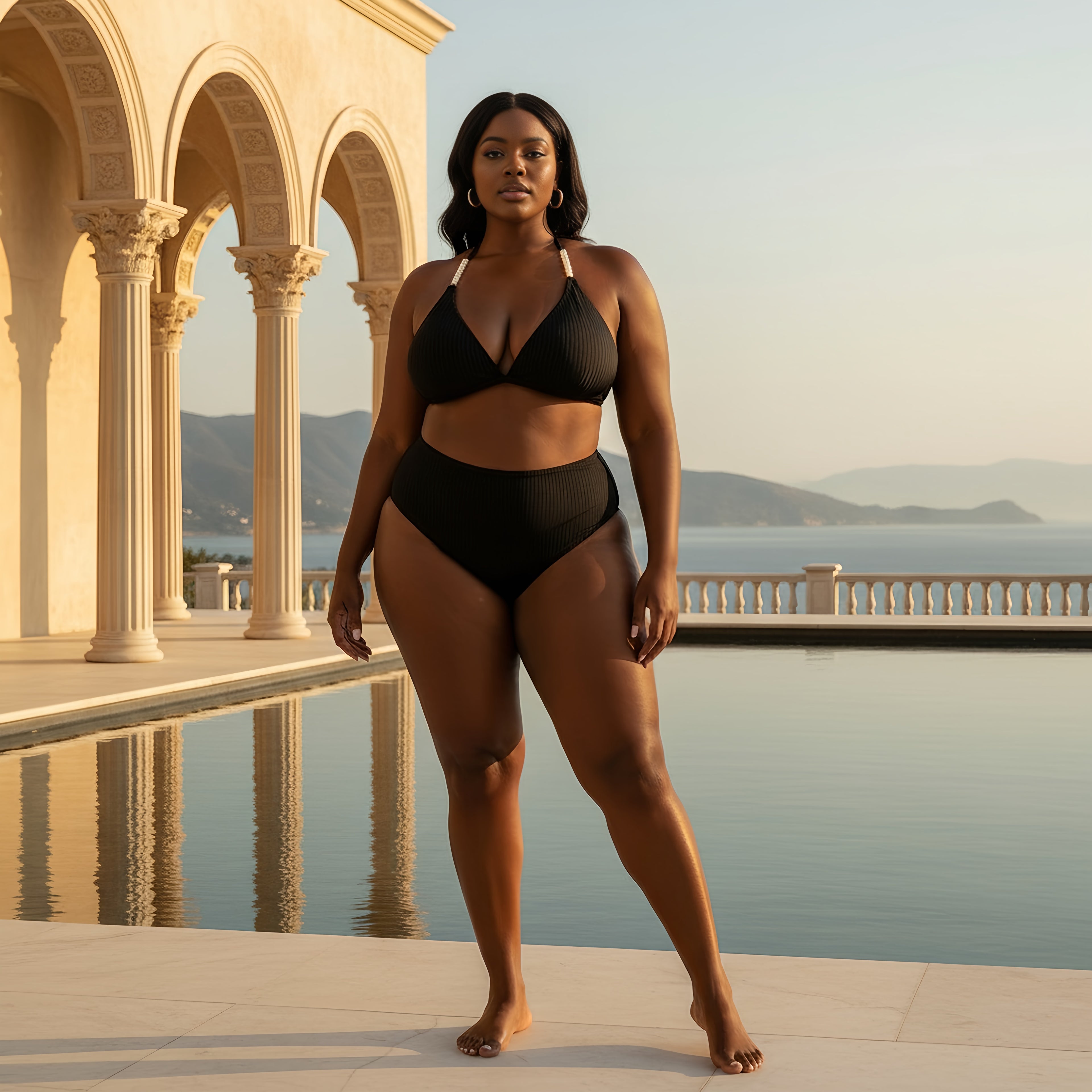 Confident plus size woman wearing a stylish black bikini with high-waisted bottoms, standing by a luxury poolside with ocean and mountains in the background, showcasing inclusive swimwear fashion.