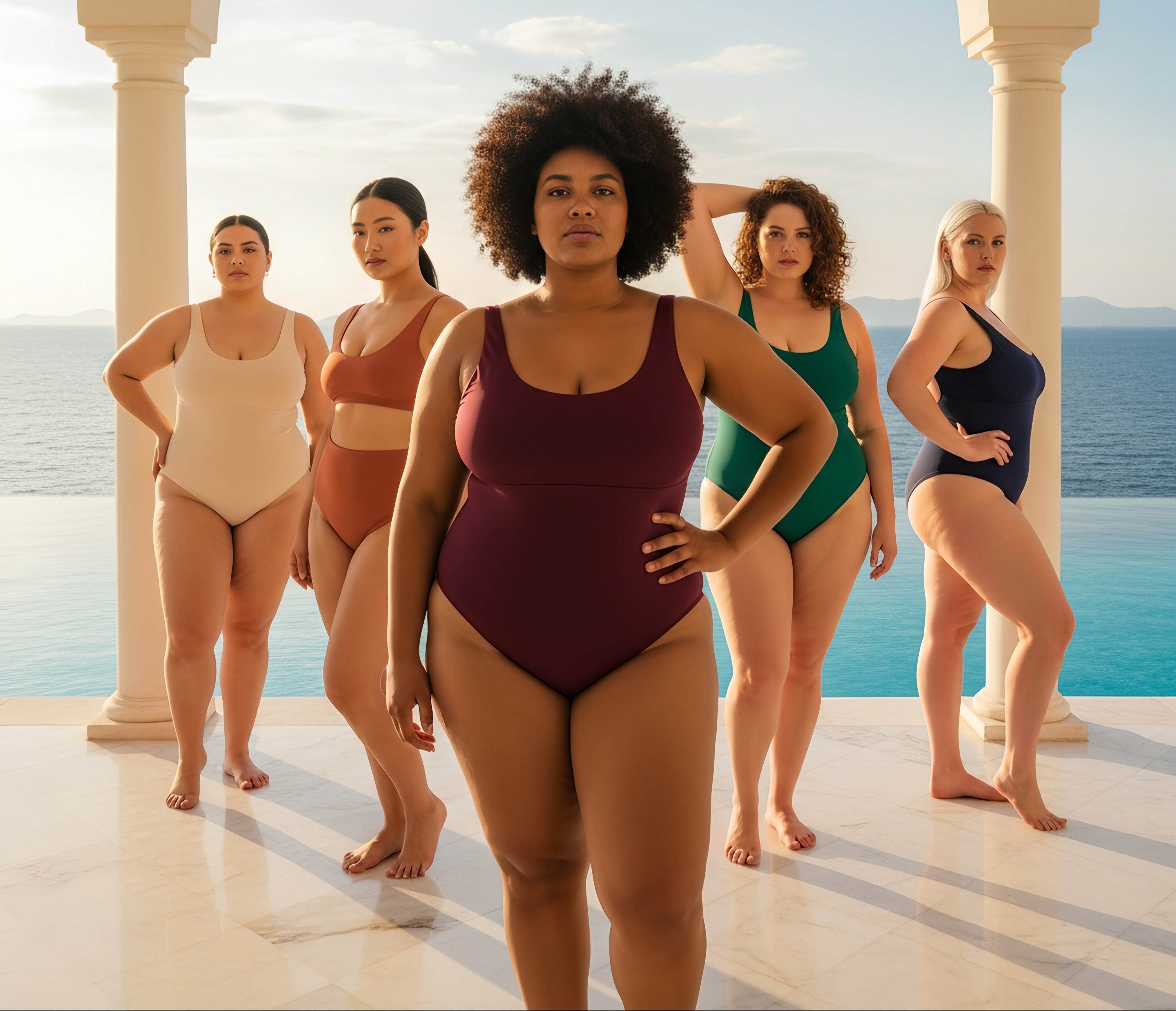 Group of five plus size women modeling stylish one-piece swimsuits in various colors on a terrace by the sea, showcasing body-positive swimwear fashion for summer.