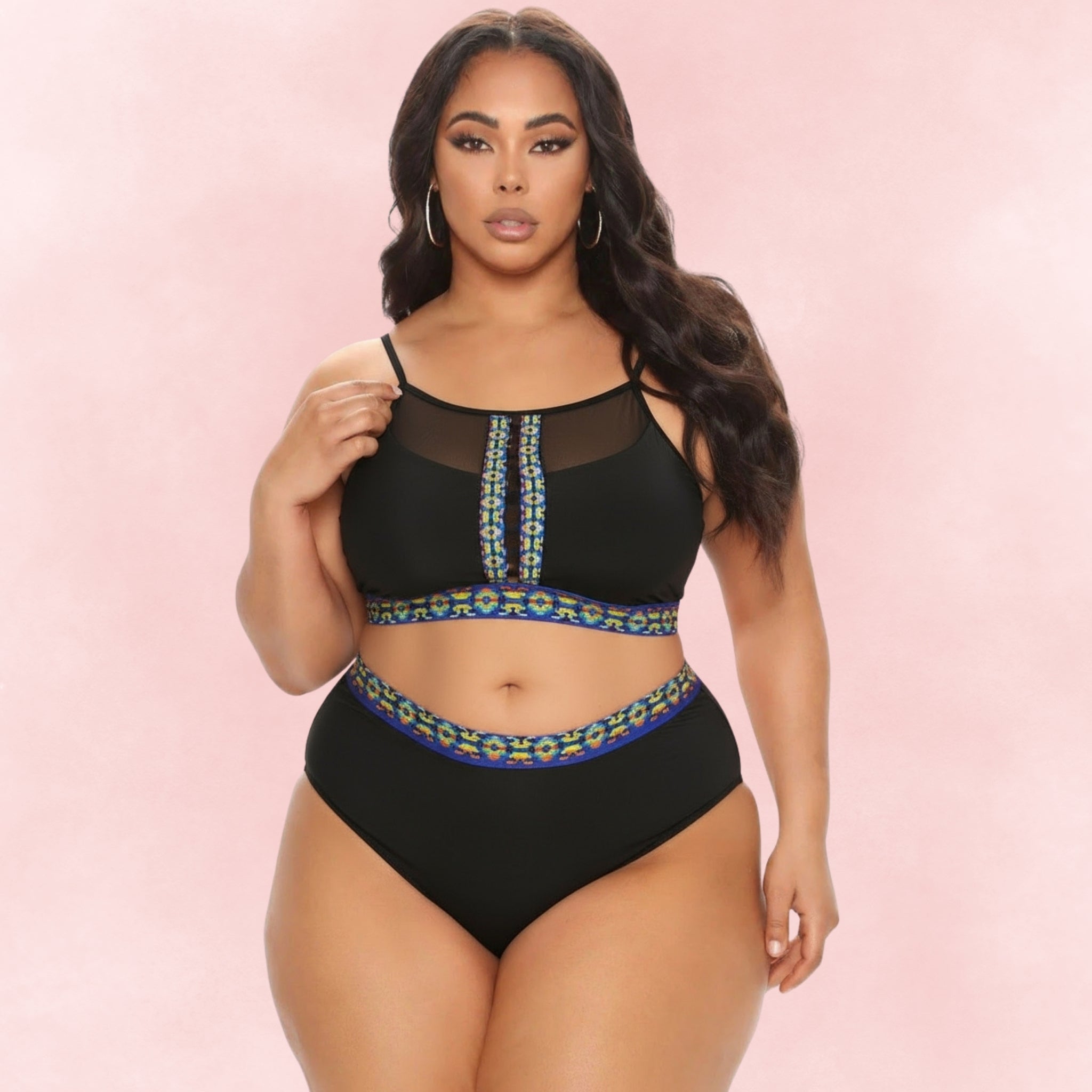 Plus size black bikini set with sheer mesh neckline and embroidered blue-yellow trim, front view