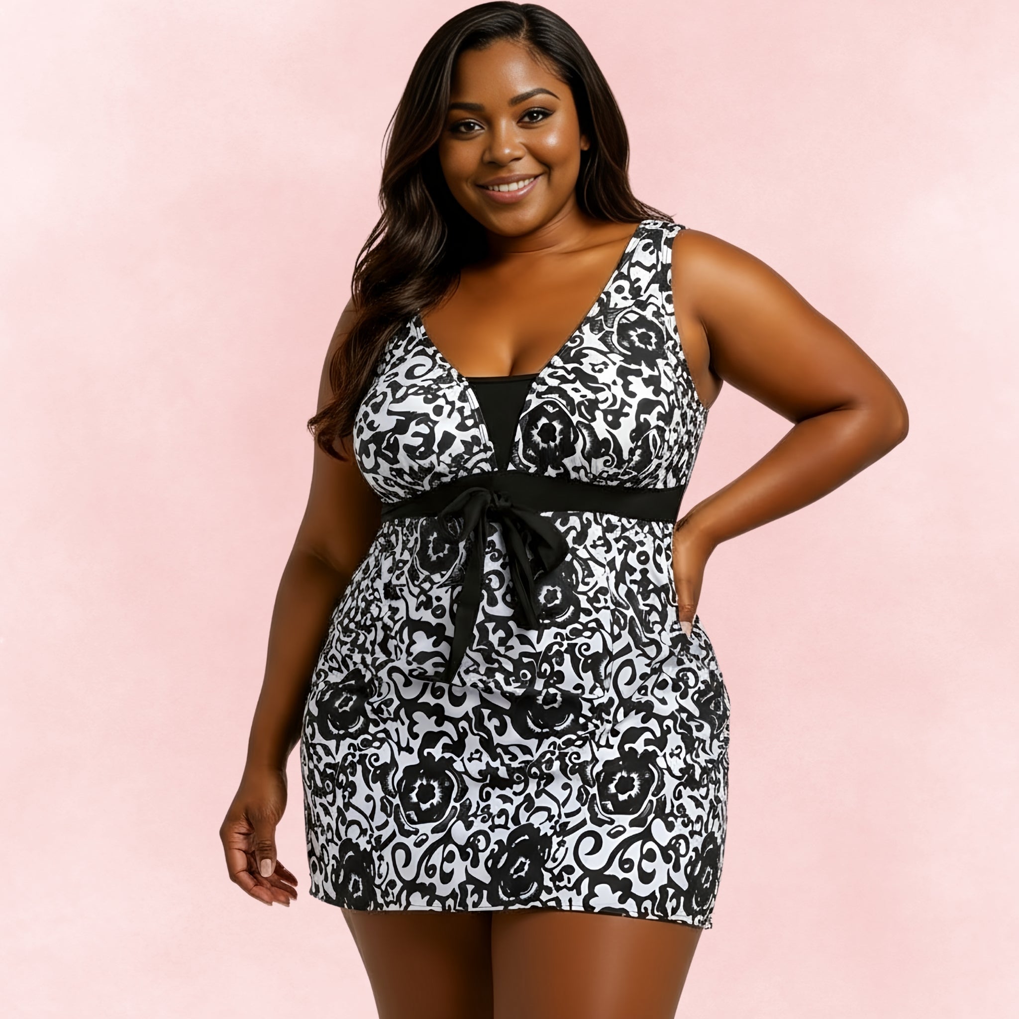 Front view of plus size woman wearing black and white floral swim dress with tie belt and plunging neckline