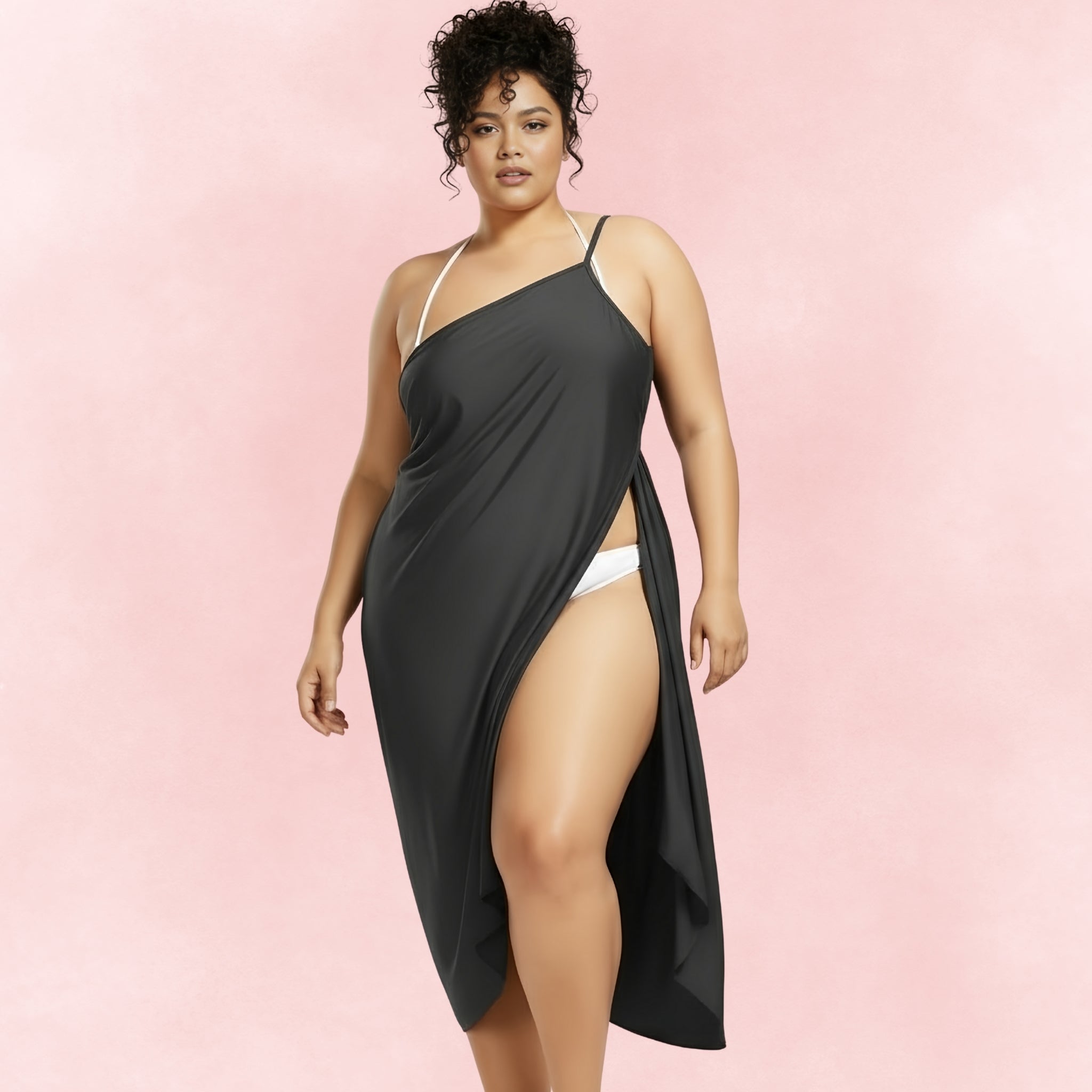 Classic black sarong cover-up with an elegant draped cut, versatile and easy to style for beach and resort wear