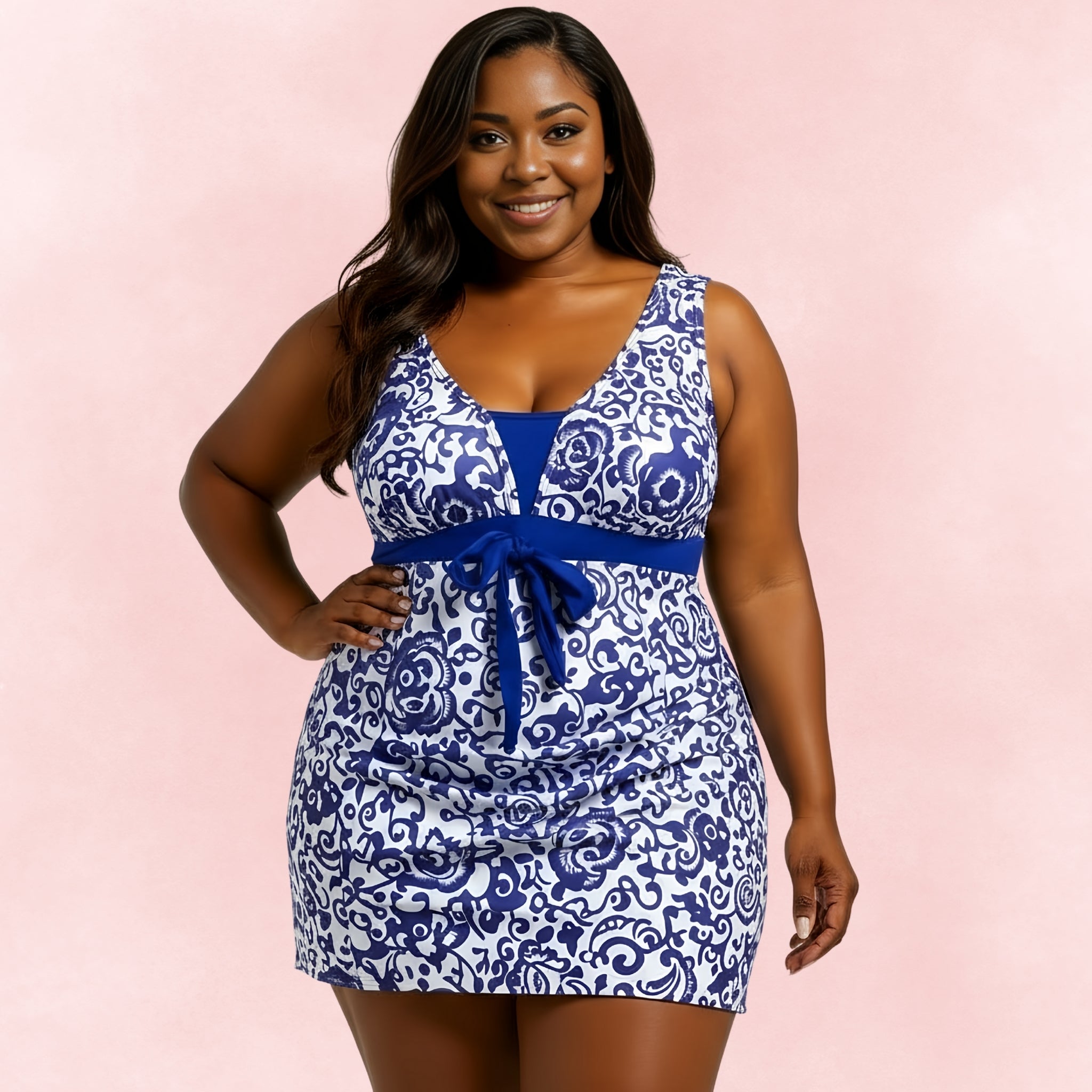 Front view of plus size woman in blue and white floral print swim dress with bow tie waist and supportive bust design