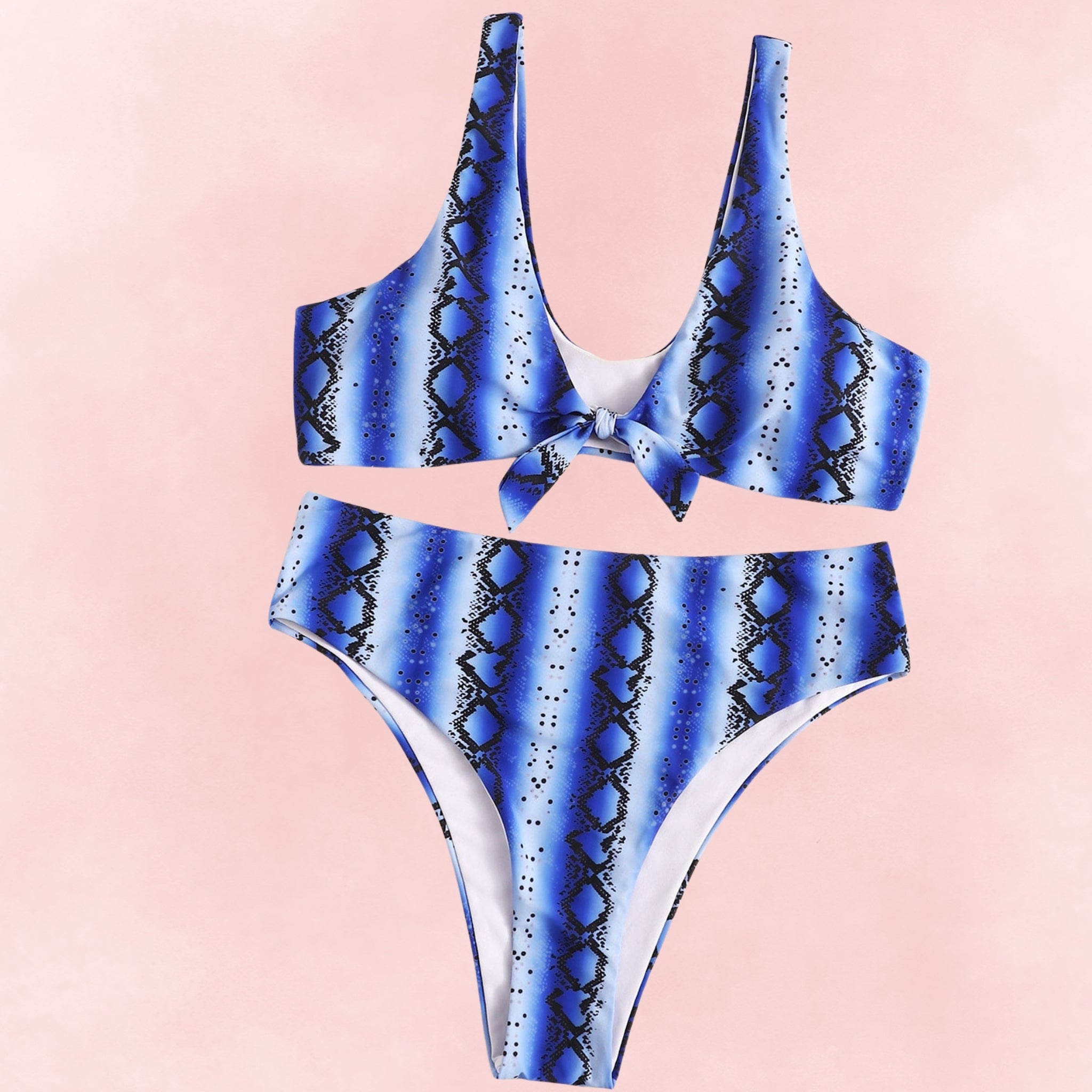 Curvy blue snake print bikini set with tie front bralette and high waist bottom.