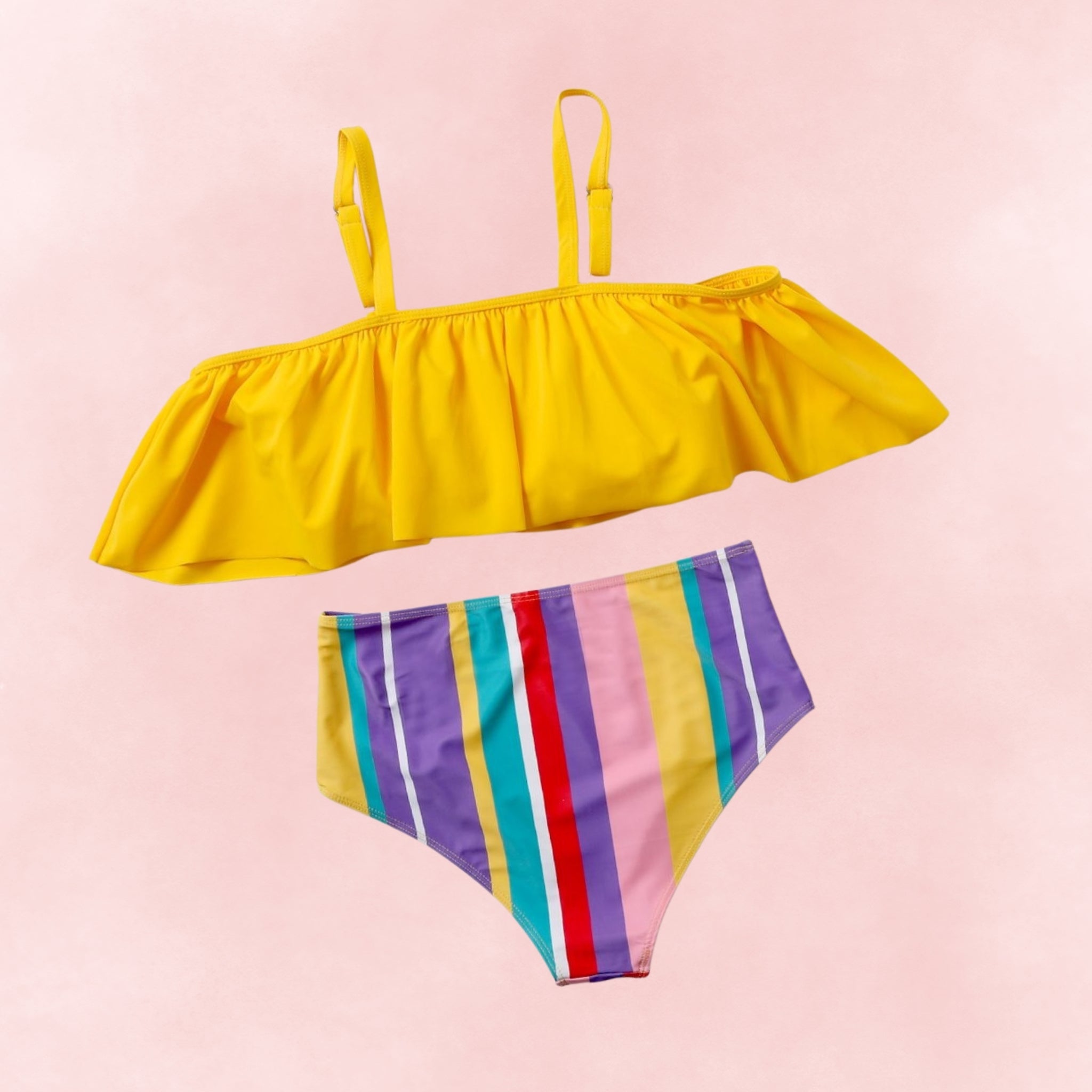 Curvy swimwear featuring yellow frill bikini top with removable straps and multicolor striped high waist bikini bottom
