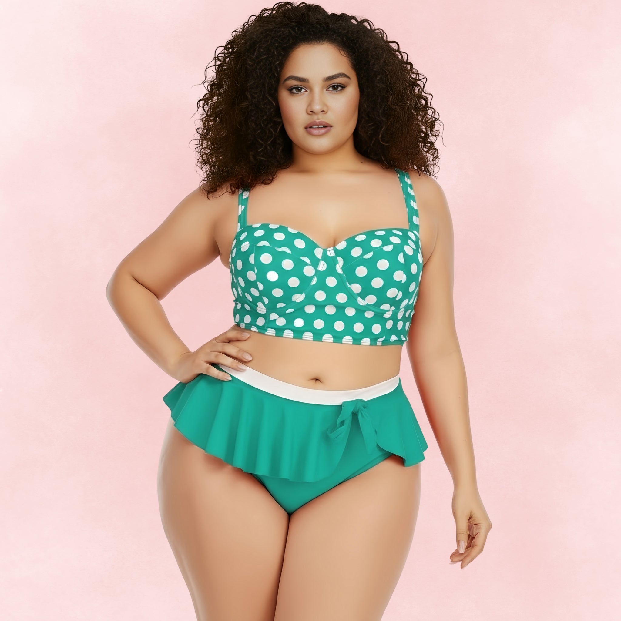 Plus size green polka dot bikini with bustier top and high-waist ruffle bottom, retro-inspired curvy swimwear.