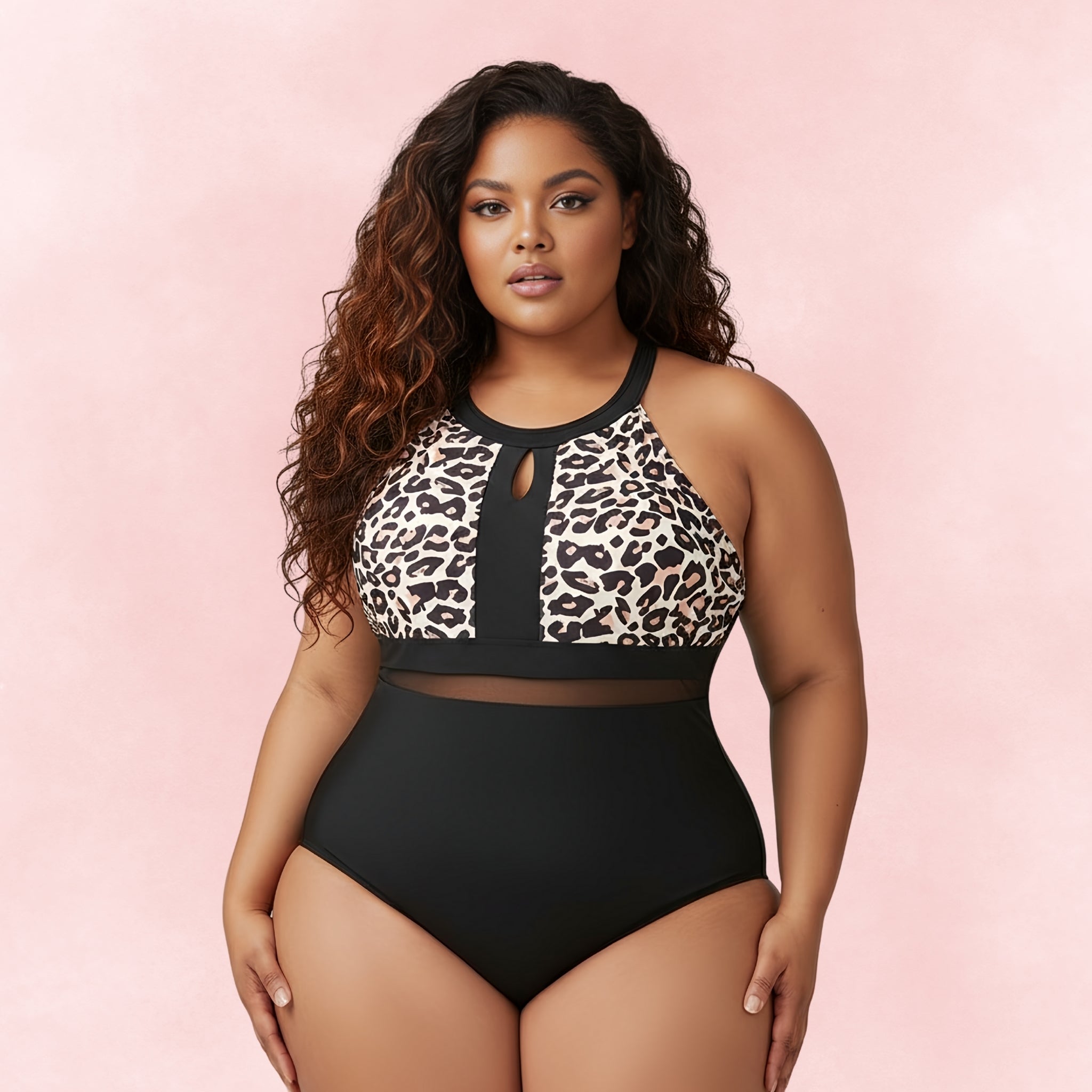 Front view of plus size woman in leopard print and black mesh one-piece swimsuit with high neckline and keyhole cutout