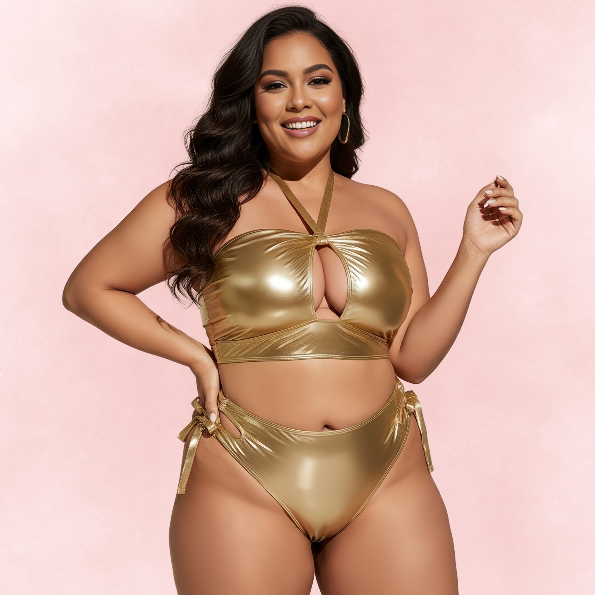 Front view of plus size woman in metallic gold bikini with bandeau keyhole top and adjustable tie side bottoms