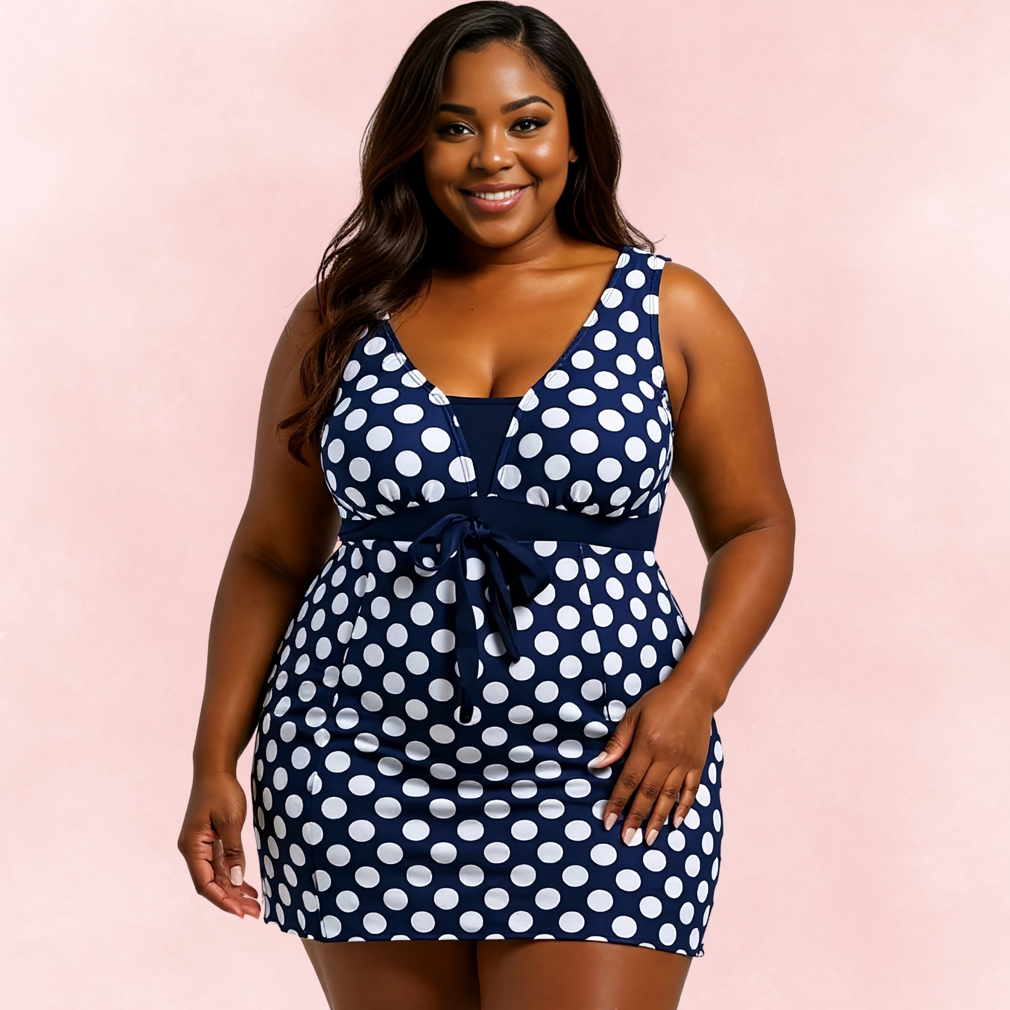 Front view of plus size woman wearing navy blue polka dot swim dress with tie waist and deep neckline