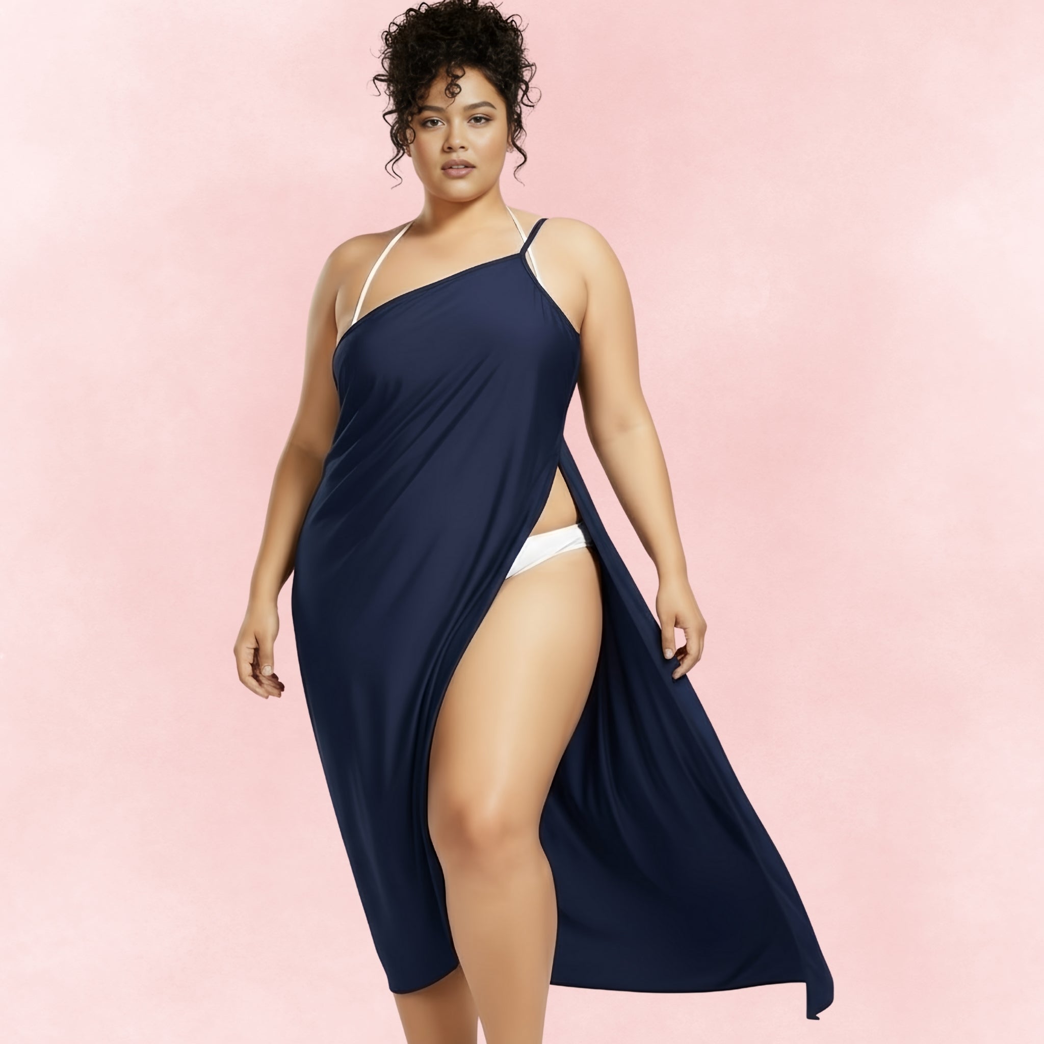 Chic navy sarong beach cover-up, lightweight and stylish with a flowing drape, perfect for layering over swimsuits