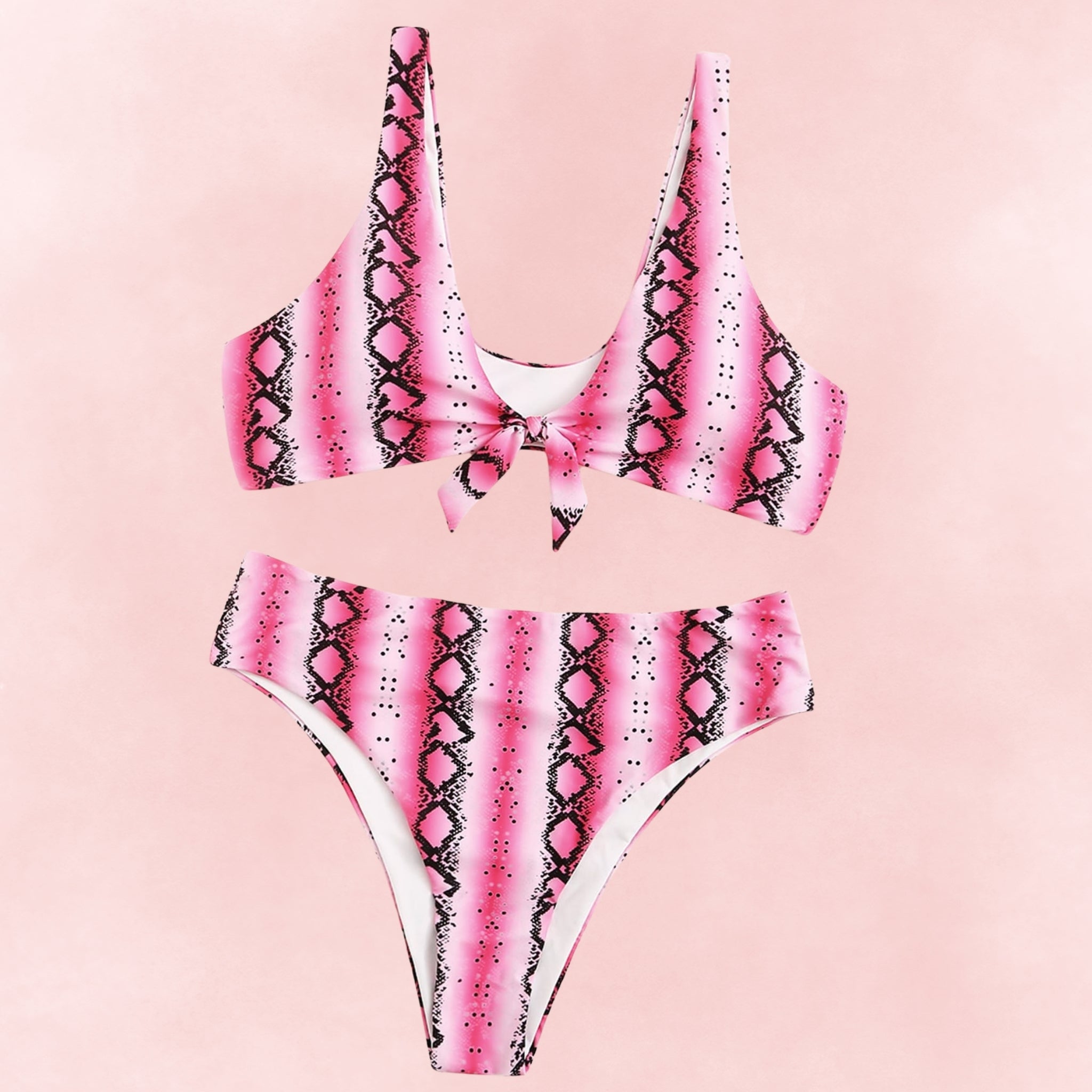 Plus size pink snake print bikini set featuring high waist and tie front top.