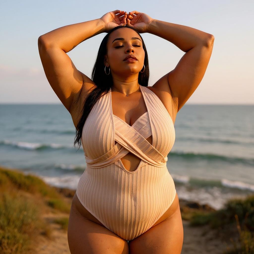 Confident plus size woman wearing a beige ribbed one-piece swimsuit with criss-cross front design, standing on the beach with ocean waves in the background, showcasing stylish and body-positive swimwear.
