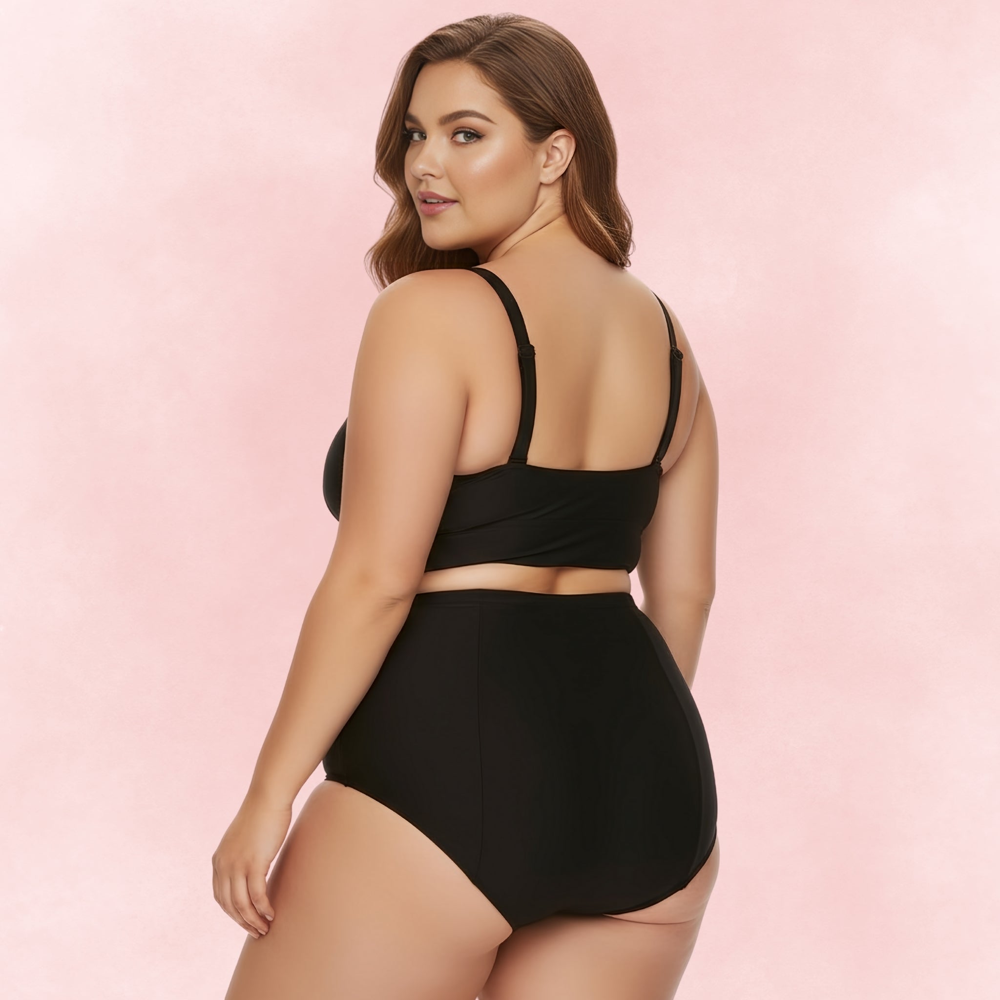 Back view of a plus size woman wearing a black high waist bikini with adjustable straps.