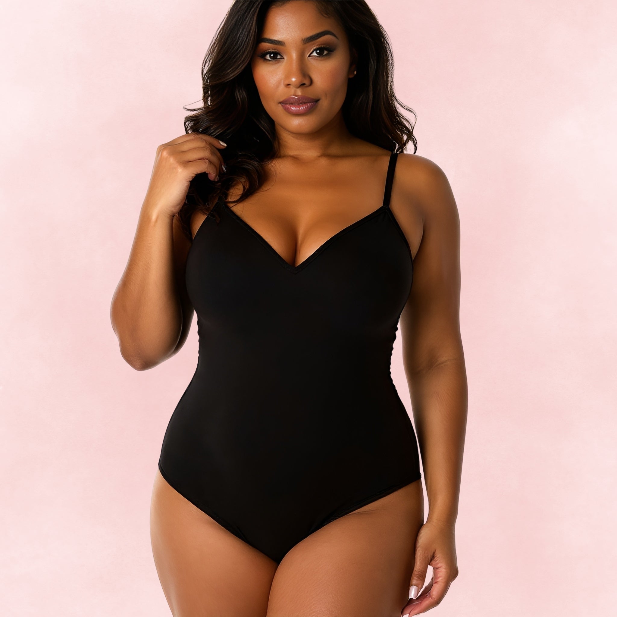 Plus size black one-piece swimsuit with deep V-neckline and lace-up back design