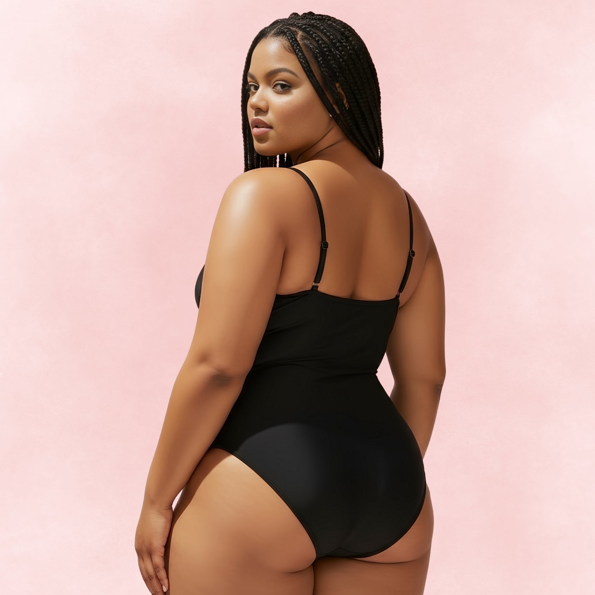 Back view of plus size black one-piece swimsuit with adjustable straps, flattering fit, and smooth design.