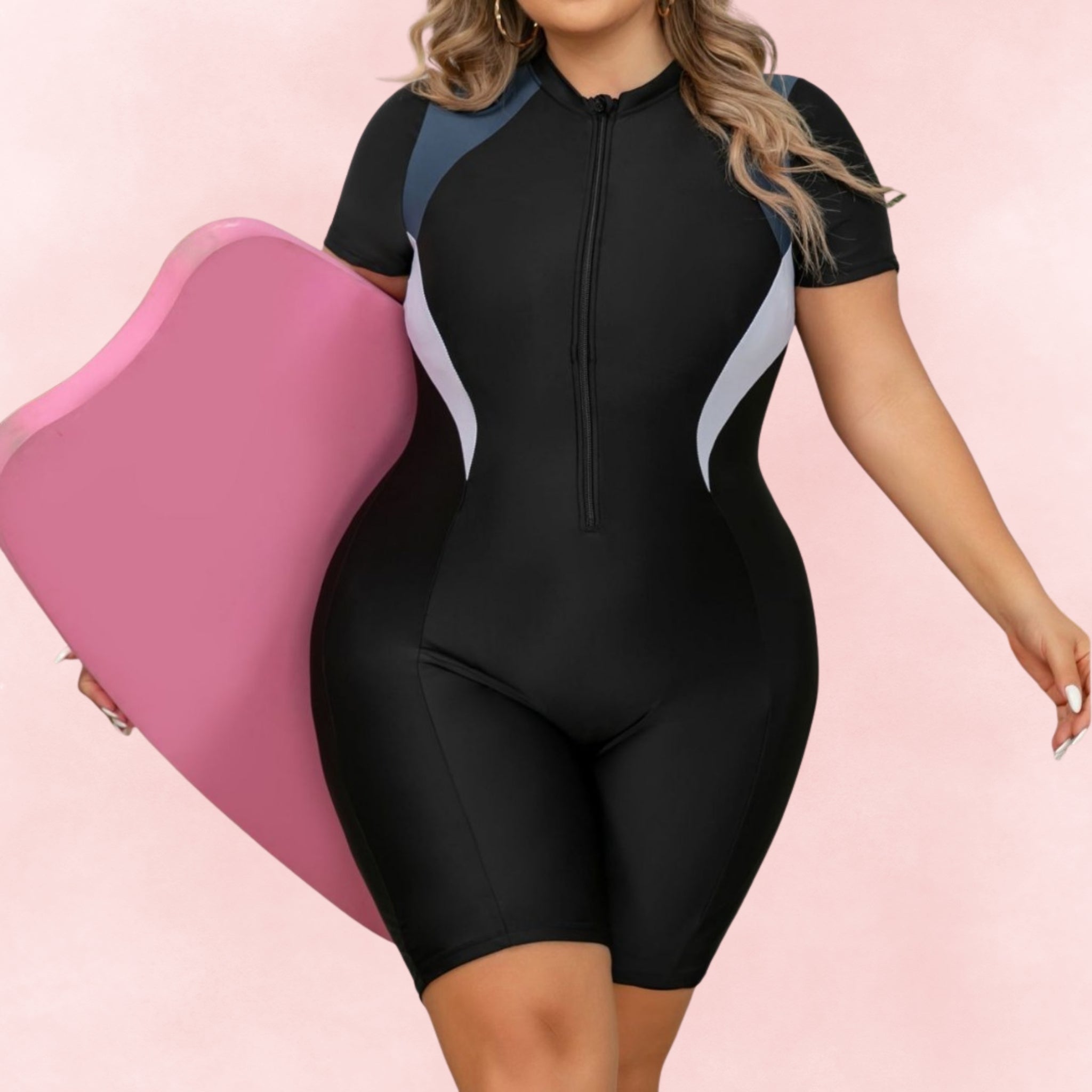 Plus size one-piece black swimsuit with gray side panels and short sleeves, front zipper design, sporty style.