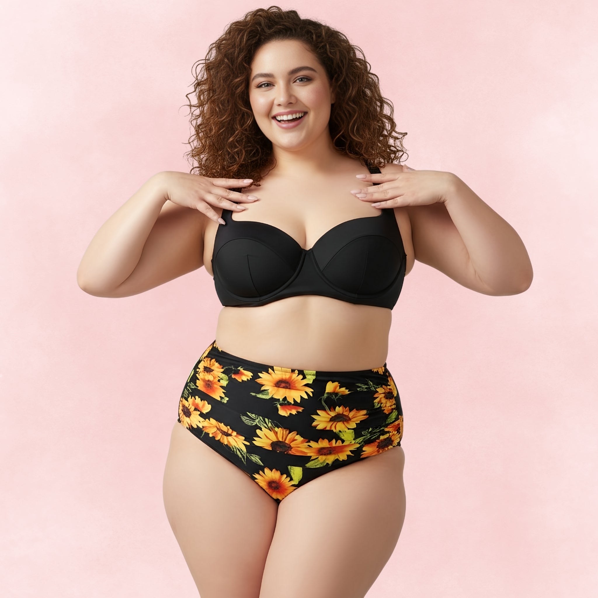Plus size sunflower bikini with black underwire top and floral high-waist bottoms, flattering fit for fuller figures.