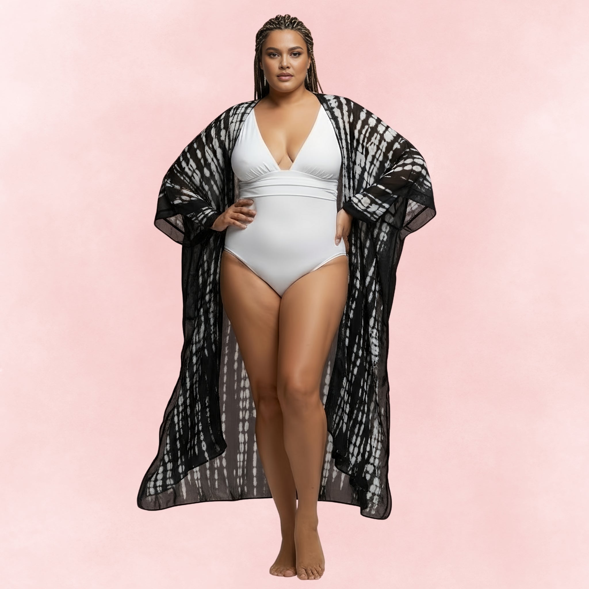 Plus size black and white tie dye beach cover up kimono over white swimsuit
