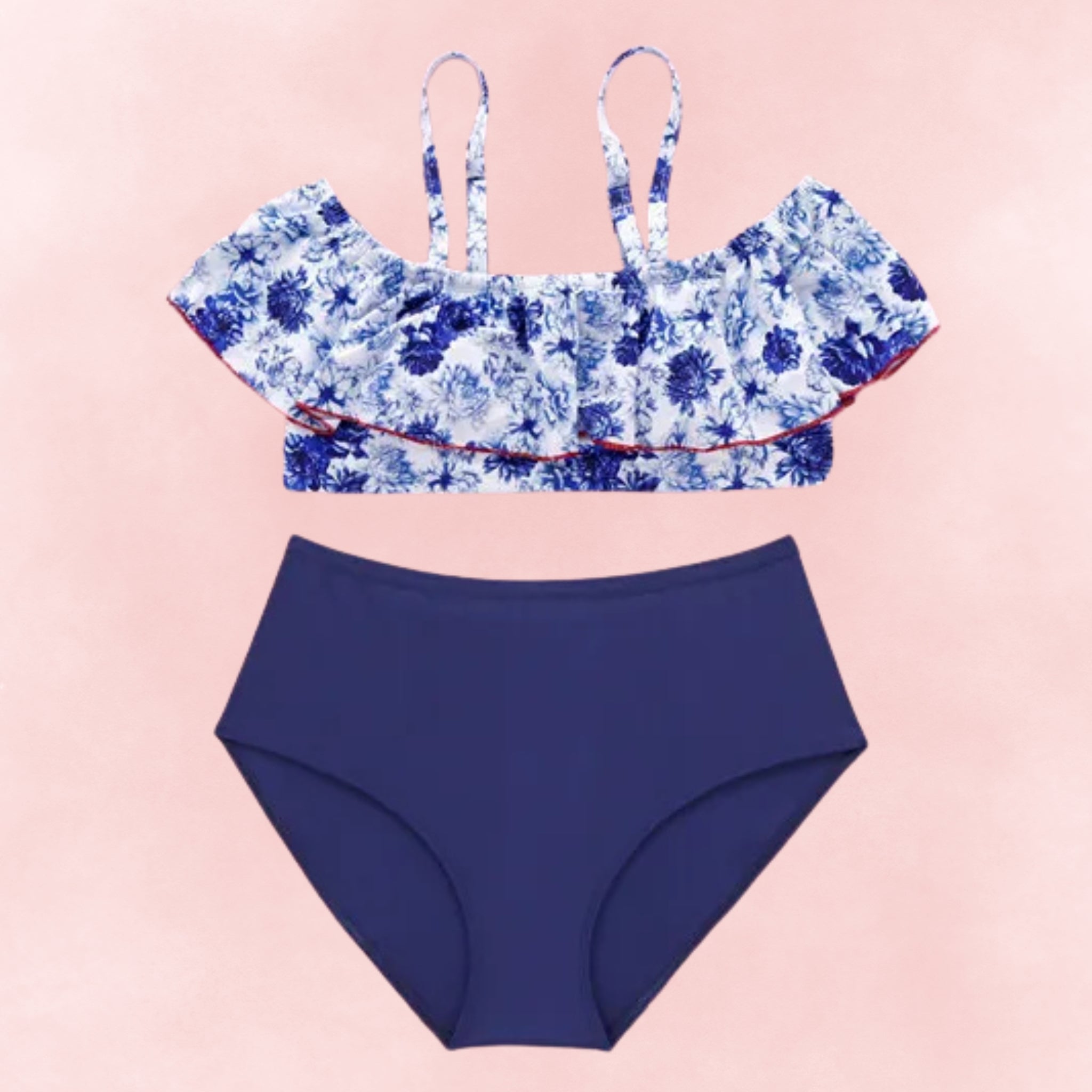 Plus size two piece bikini with blue floral ruffle top and navy high waisted bottoms, feminine swimwear set.