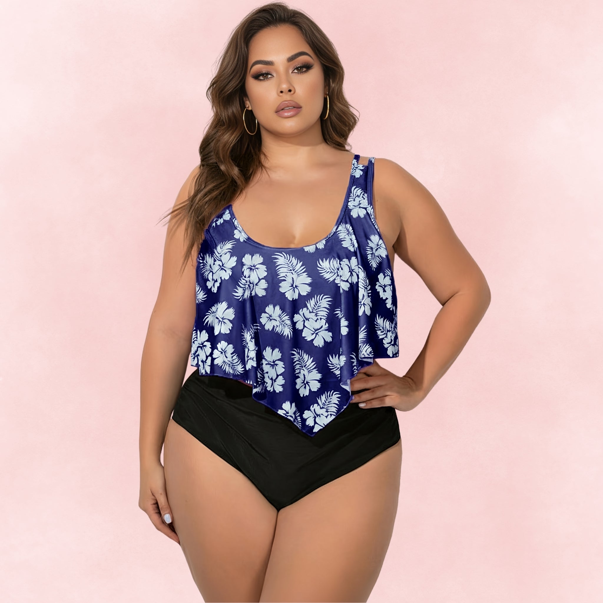 Plus size blue floral tankini top with black high waist bottoms