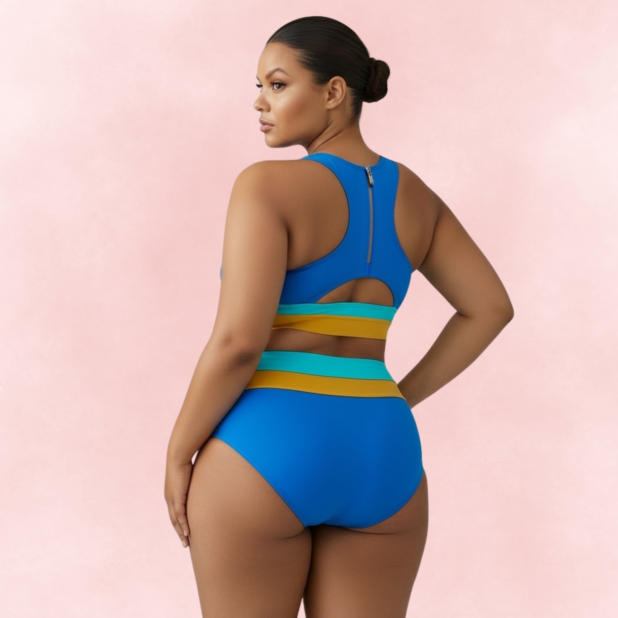 Plus size sporty bikini in blue with yellow and aqua bands, racerback design, and high waist bottom – back view.