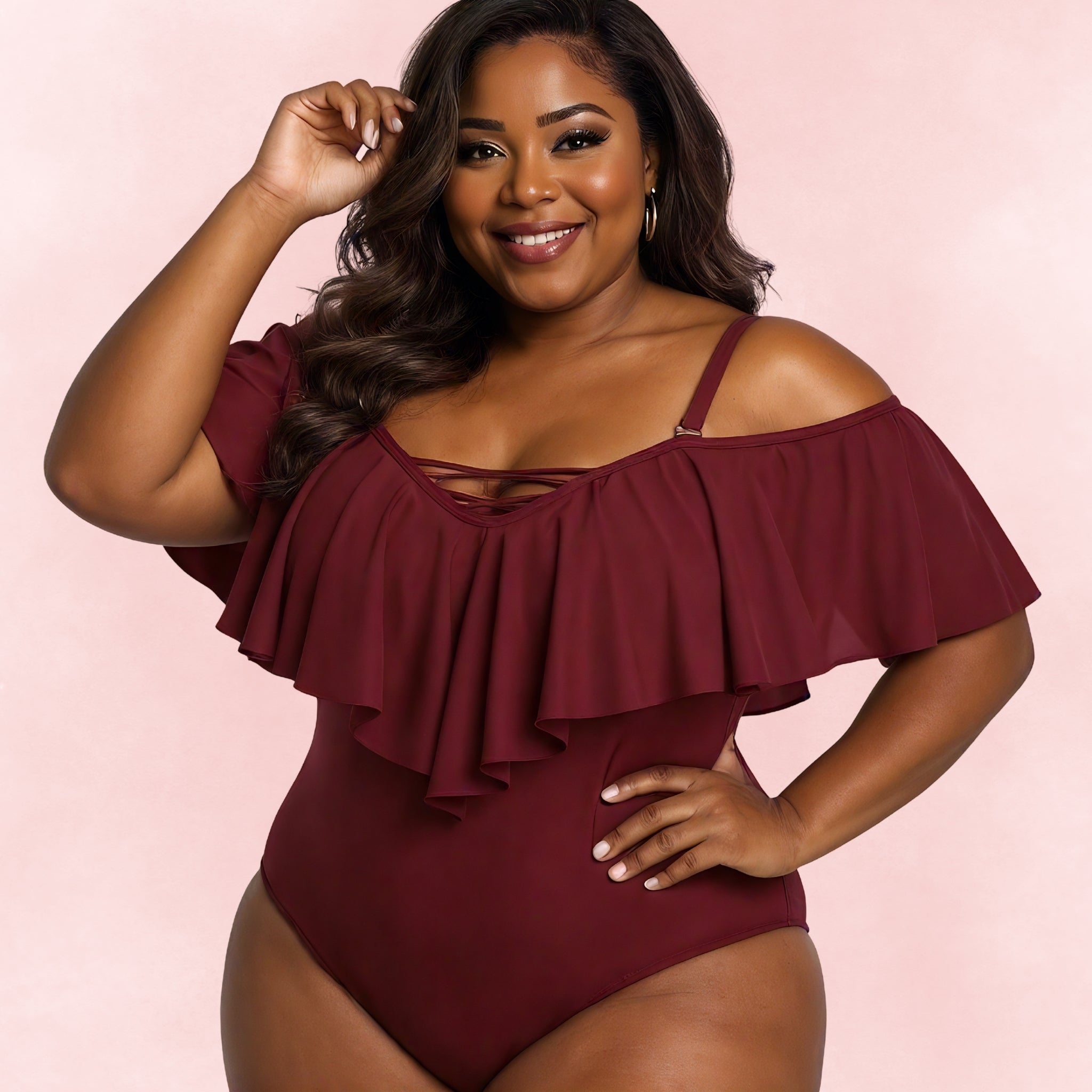 Plus size burgundy one-piece swimsuit with off-shoulder ruffle design and lace-up neckline