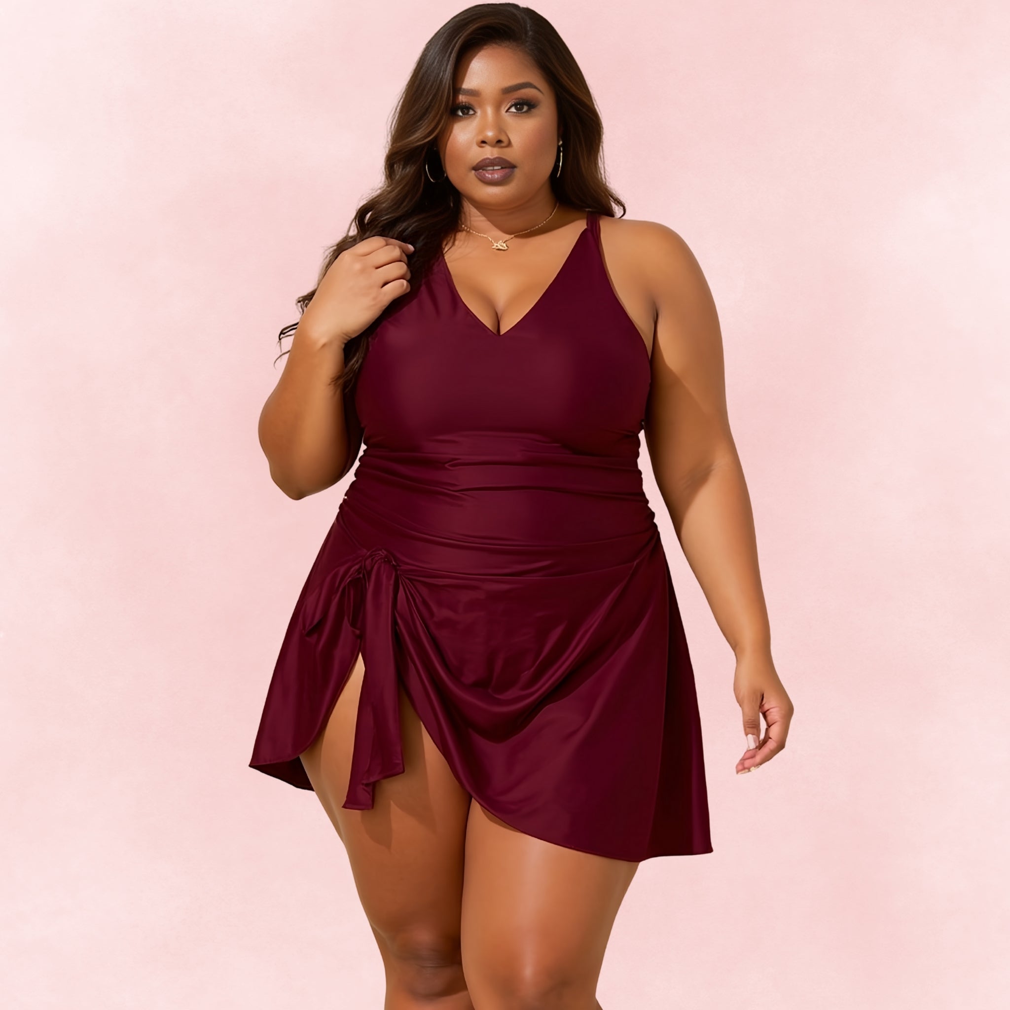 Plus size burgundy swimdress with v-neckline, tie-side skirt and adjustable straps