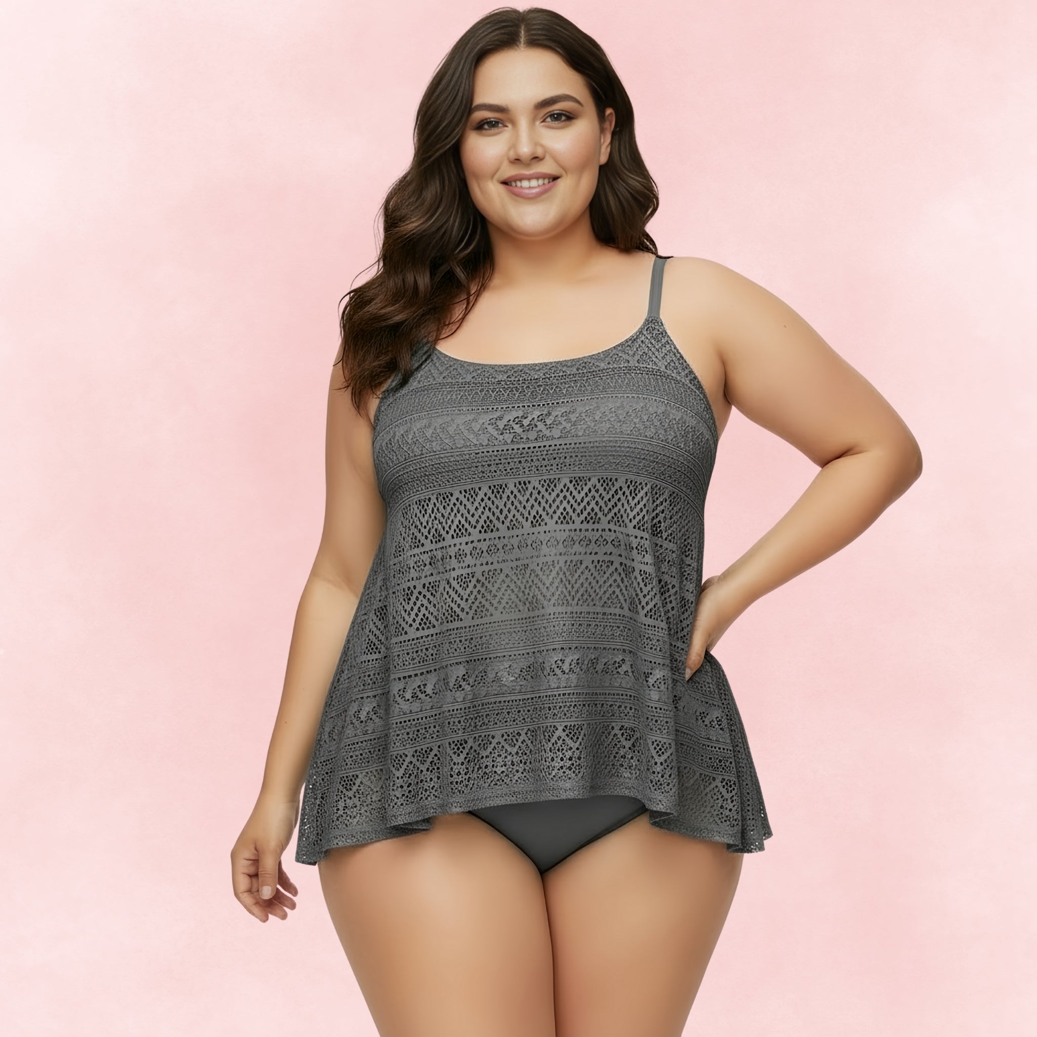 Plus size grey lace tankini top with matching bikini bottoms, flowy fit for beach and pool comfort.
