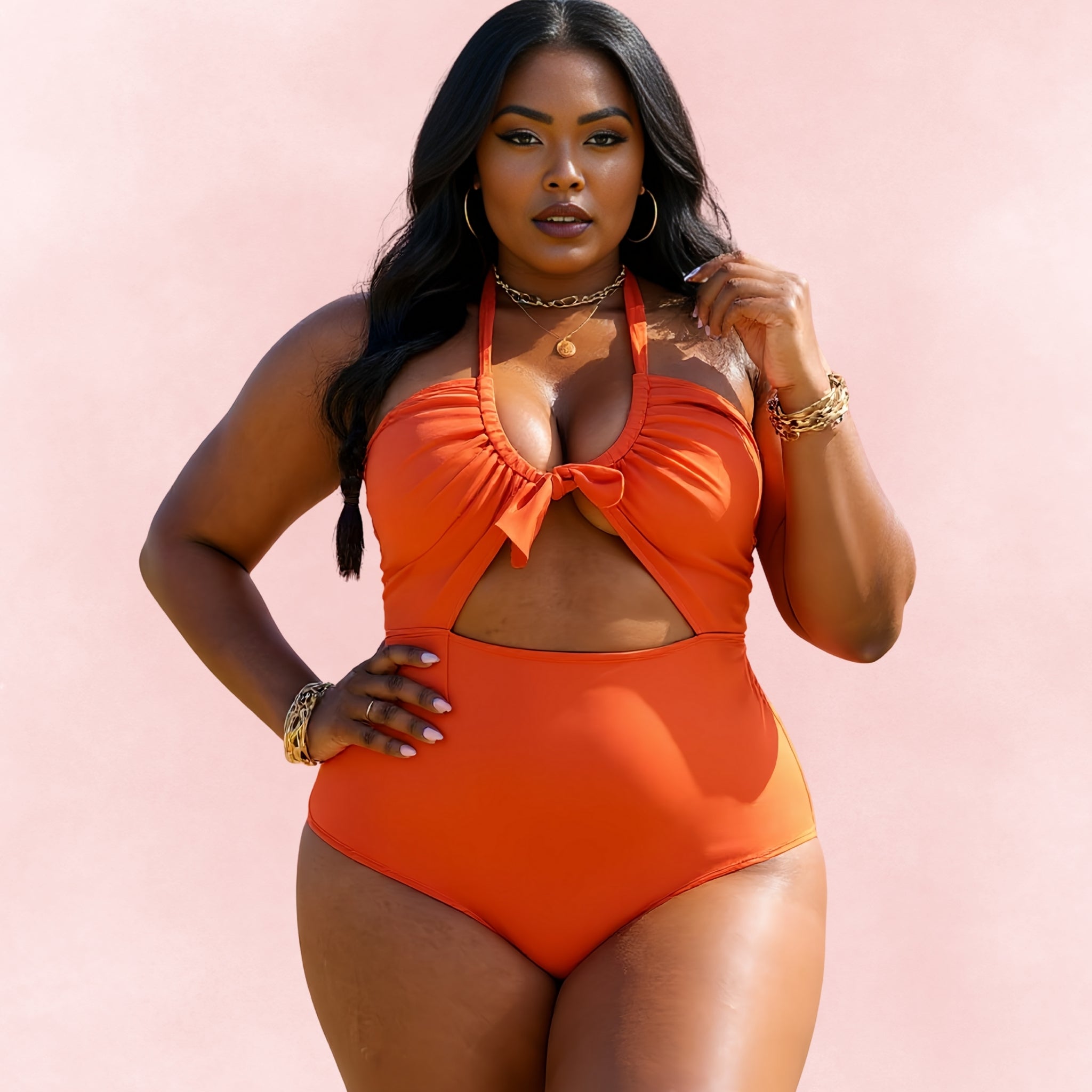 Curvy woman wearing an orange plus size halter one-piece swimsuit with a front tie and cutout design, flattering tummy control