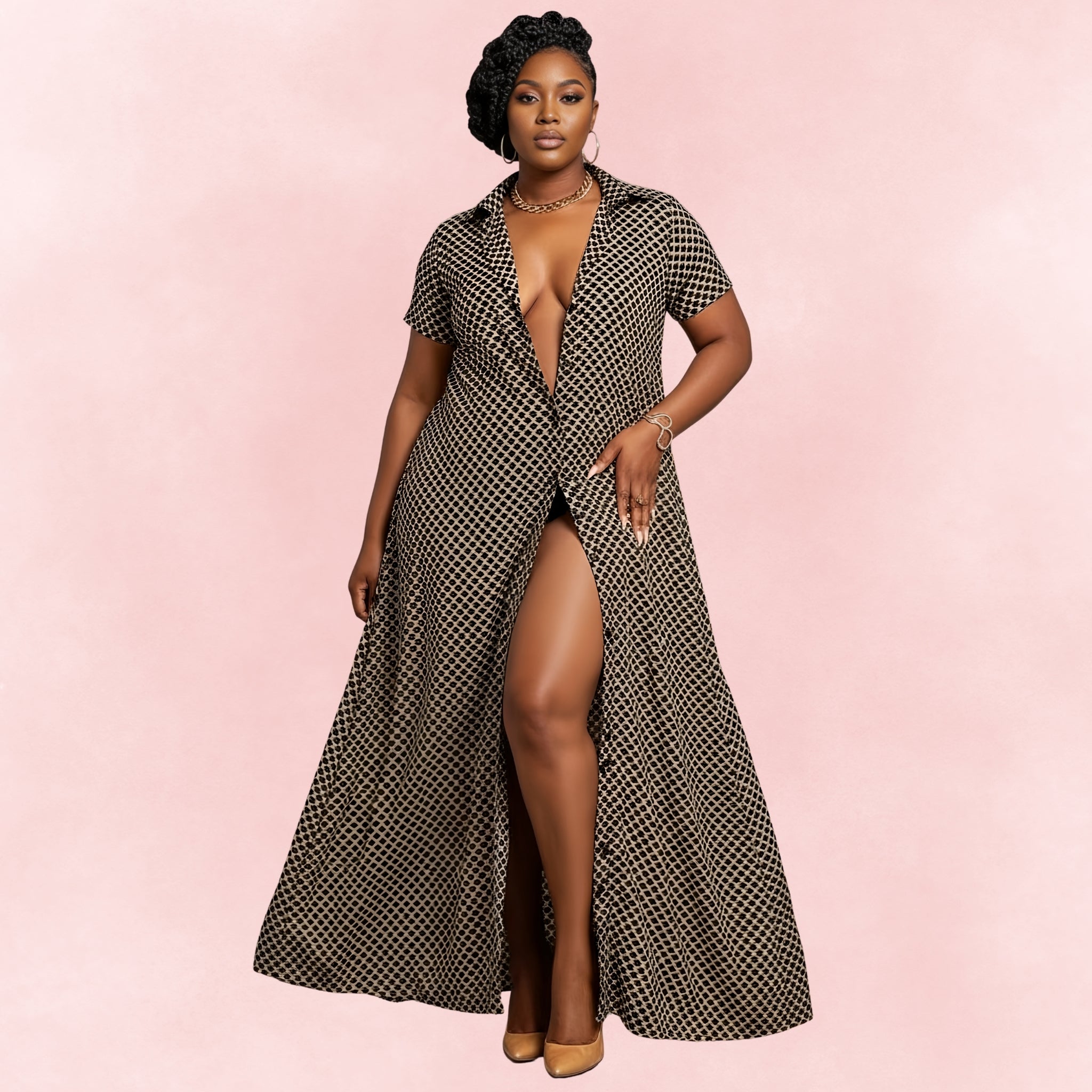 Plus size maxi dress with deep slit, collared neckline, and beige-black geometric print.