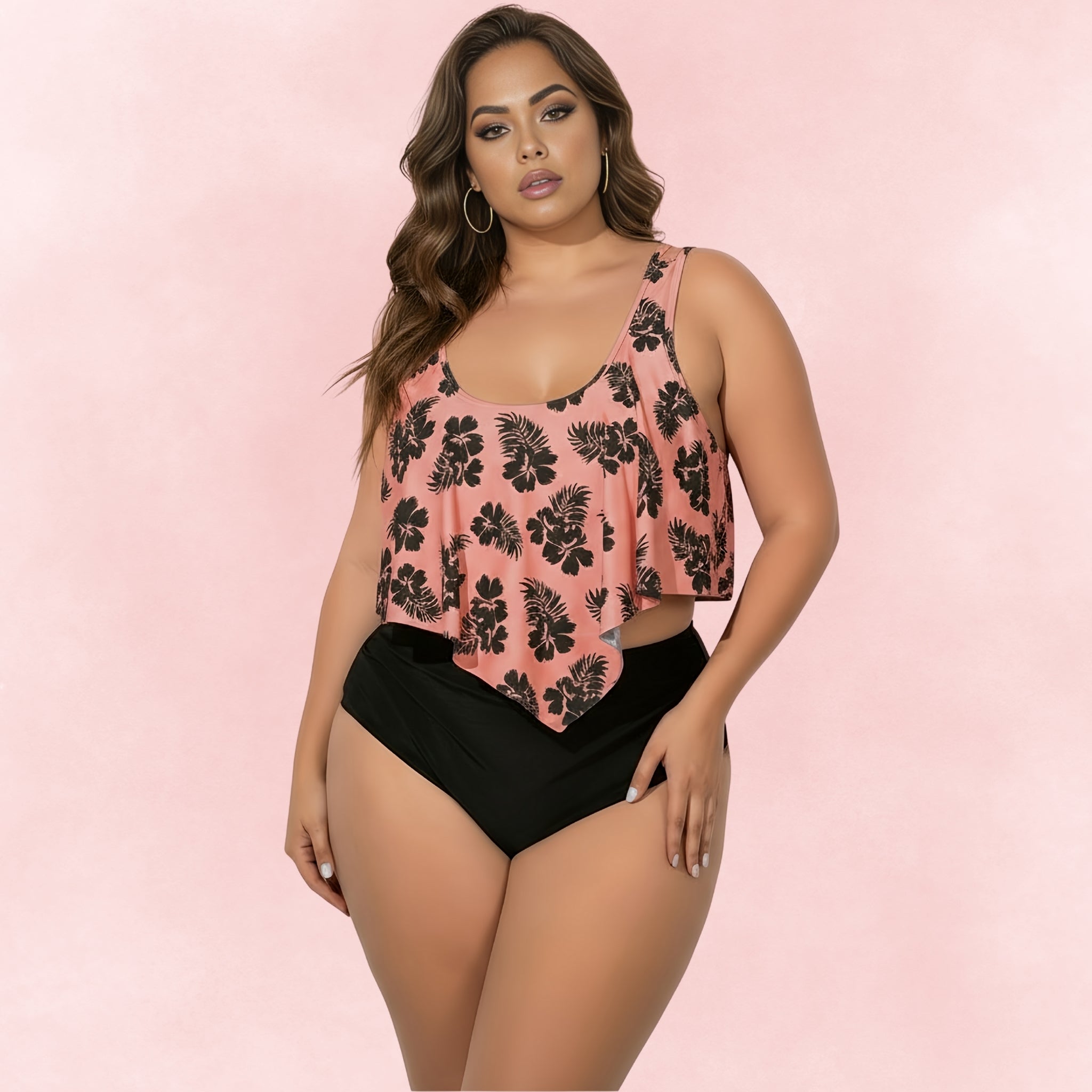 Plus size peach tankini with black floral print and black high waist bottoms