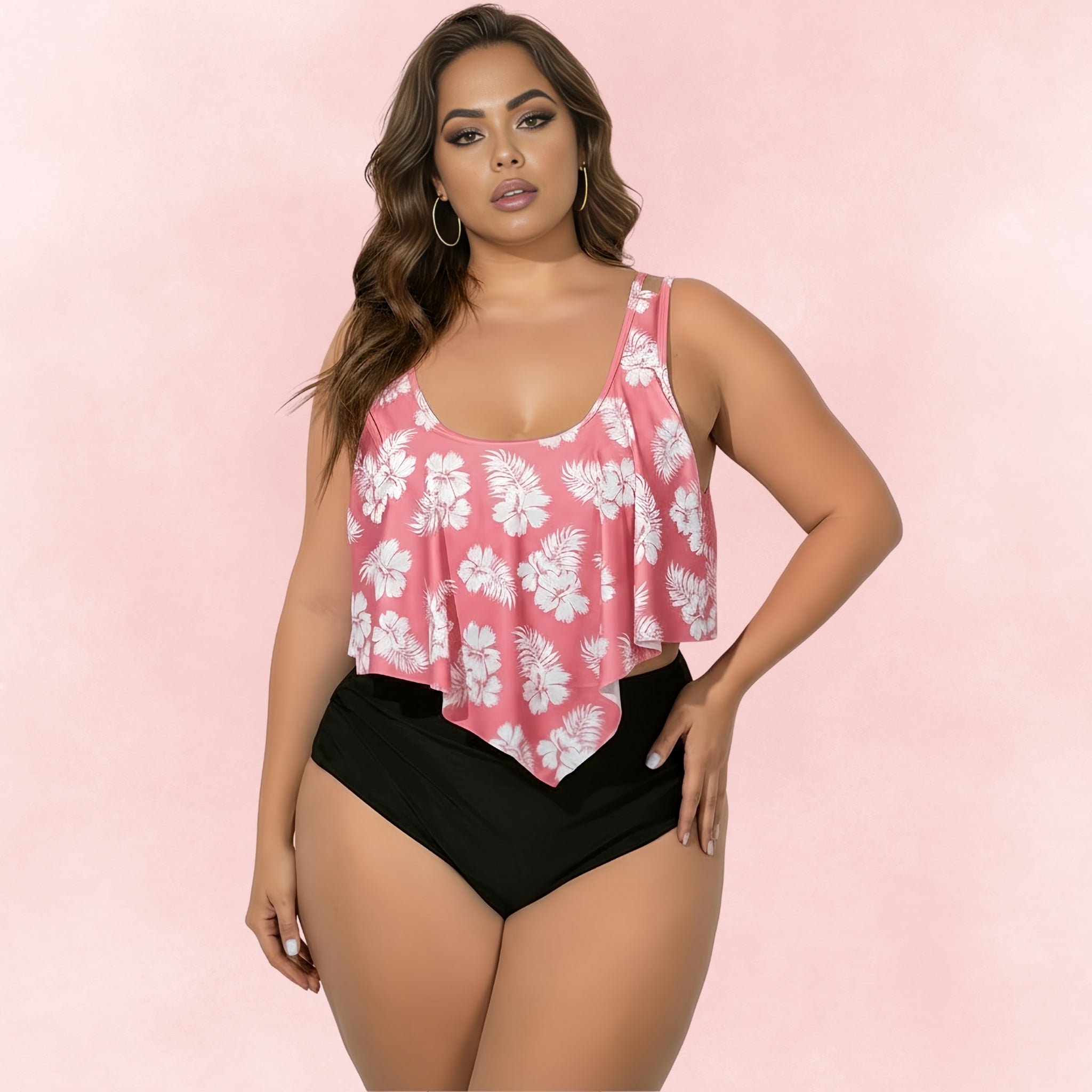 Plus size pink floral tankini top with black high waist bottoms