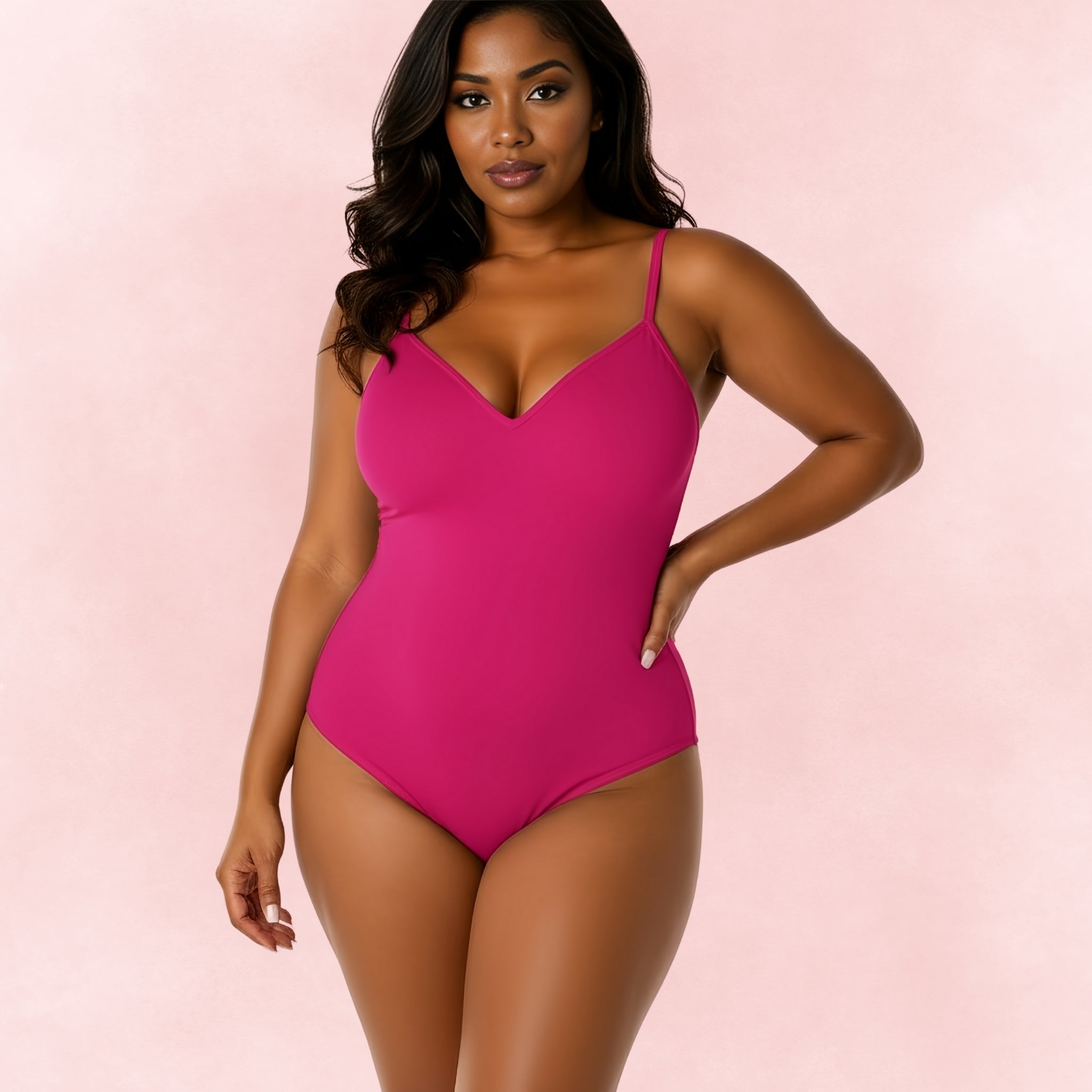 Plus size pink one-piece swimsuit with deep V-neck and thin straps