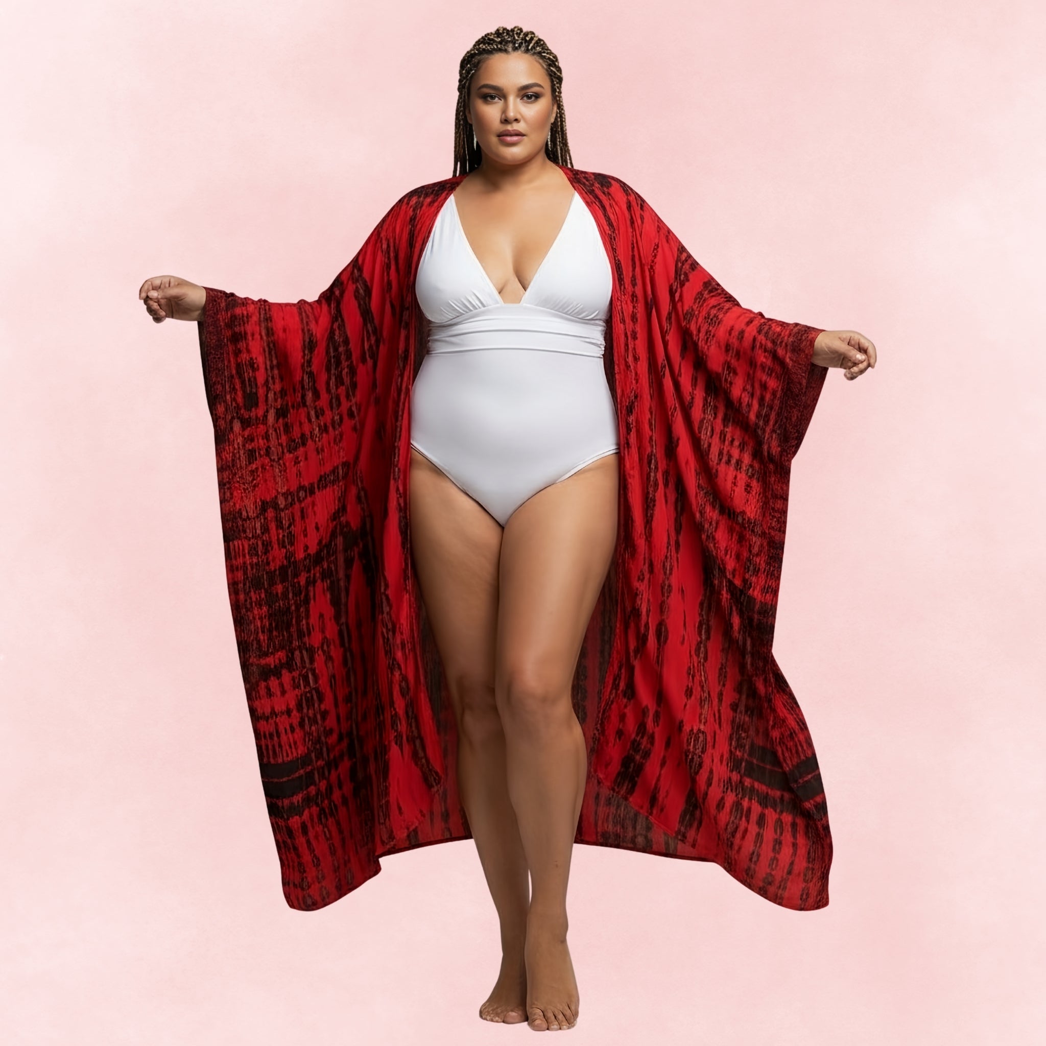 Plus size red and black tie dye beach cover up kimono styled with white swimsuit