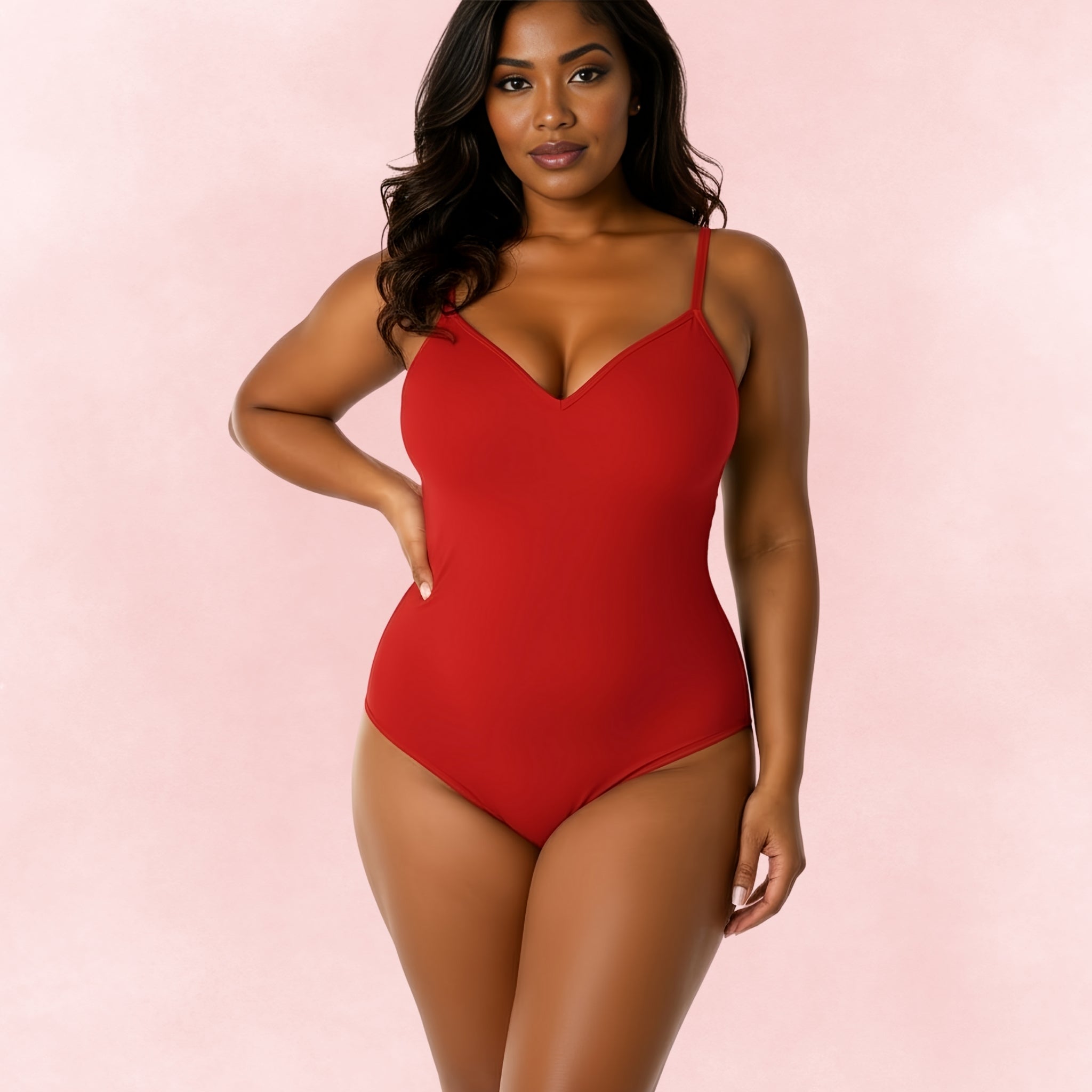 Plus size red one-piece swimsuit with V-neckline and adjustable straps