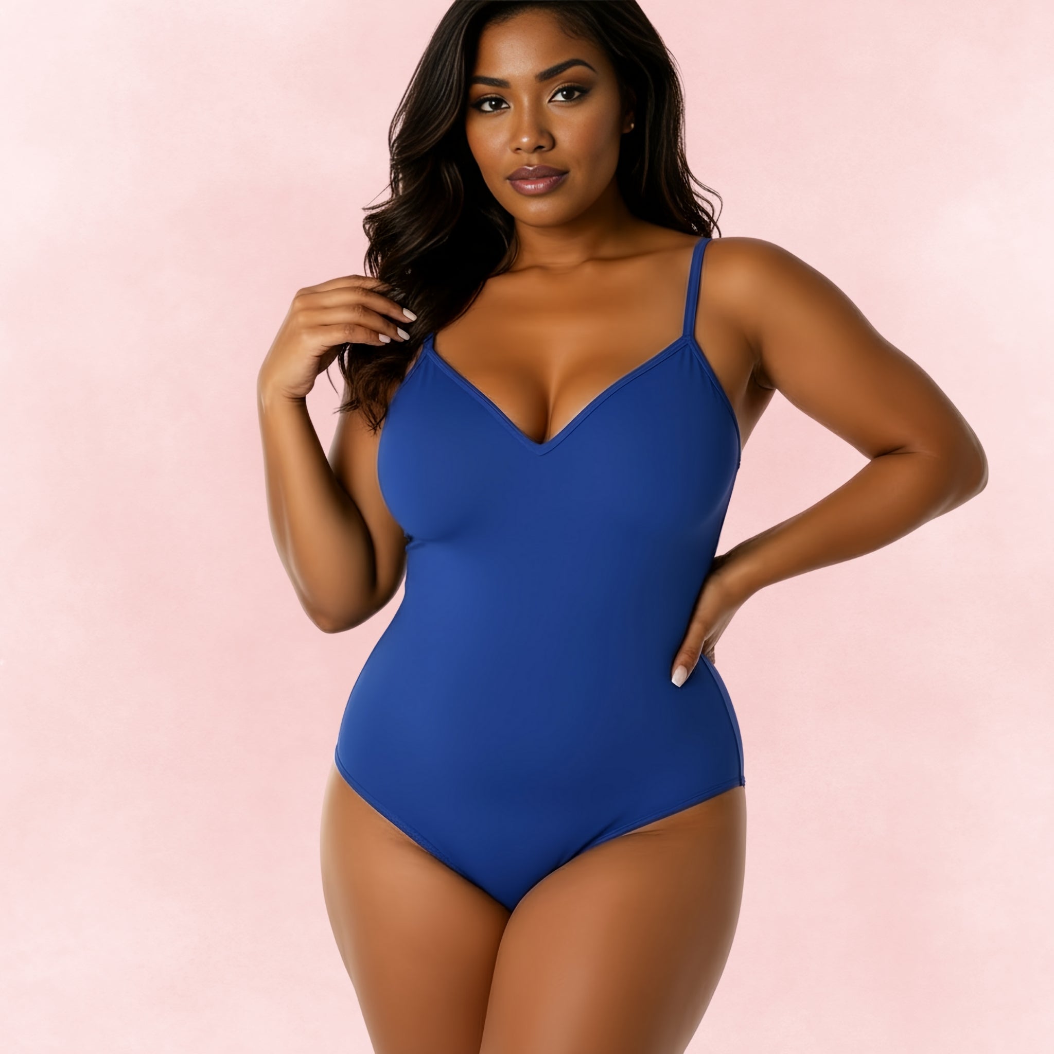 Plus size royal blue one-piece swimsuit with V-neck design and slim shoulder straps