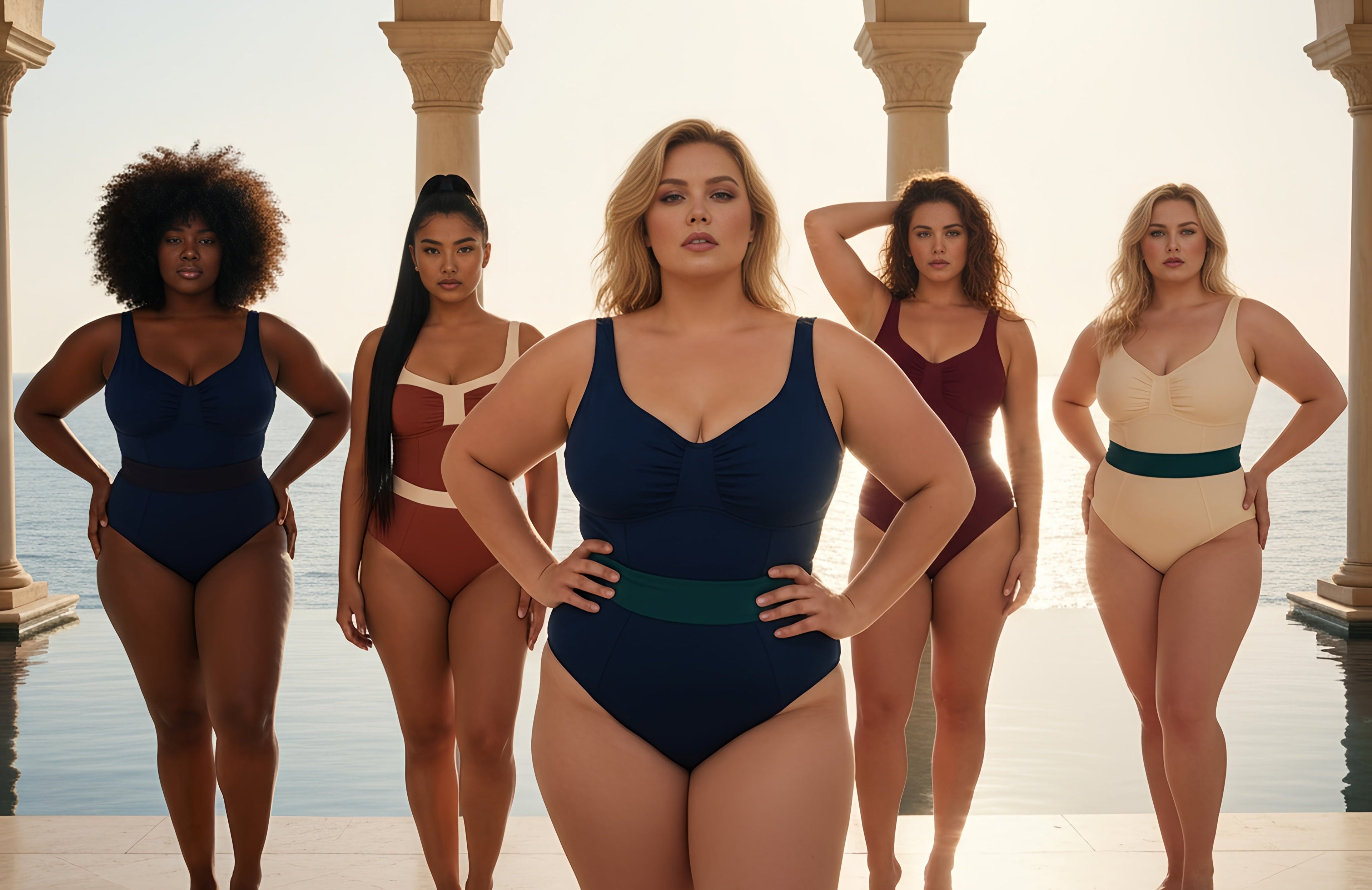 Five plus size women confidently modeling one-piece swimsuits in navy, rust, burgundy, and beige colors, standing together by a luxury seaside terrace, representing inclusive and body-positive swimwear fashion.