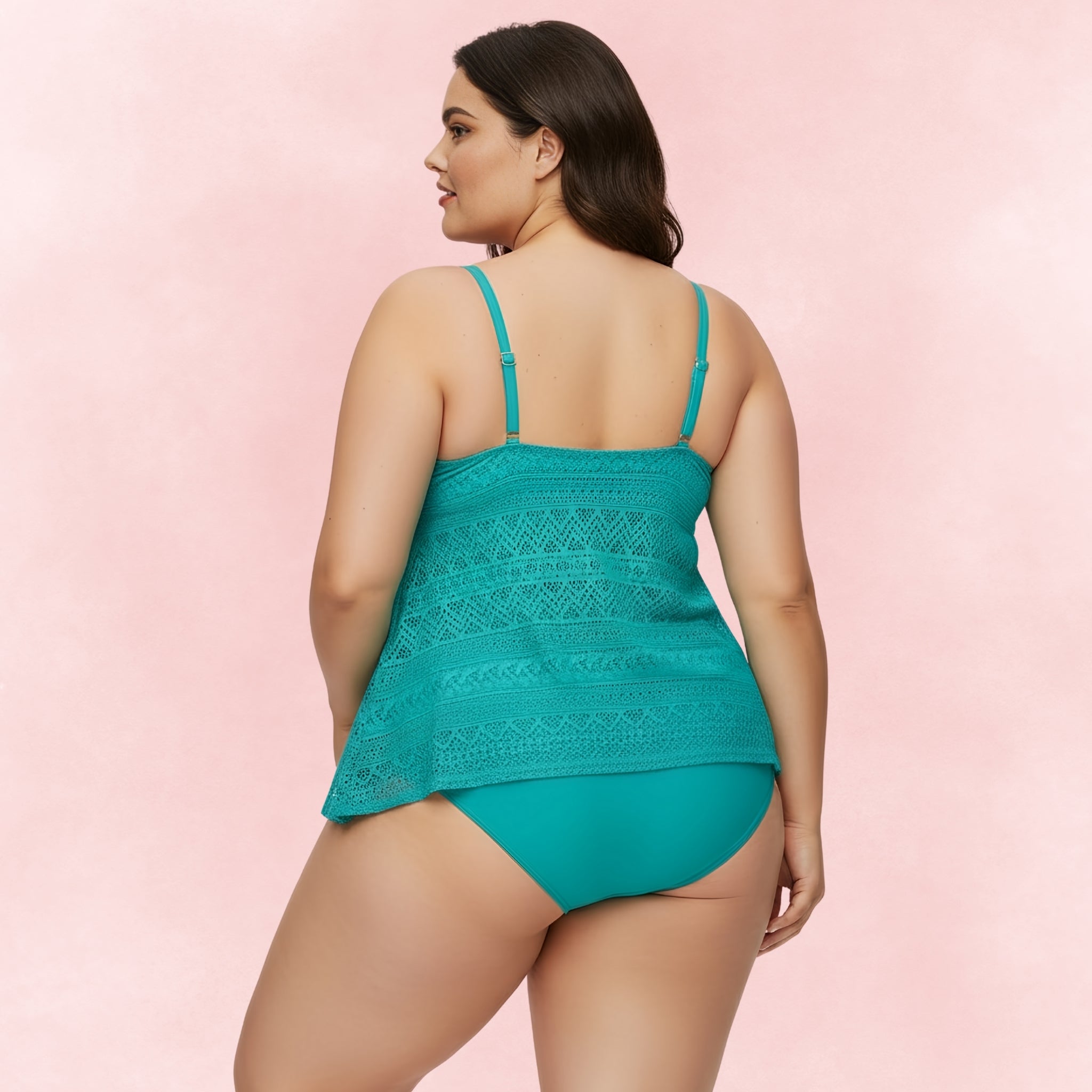 Back view of plus size teal lace tankini top with adjustable straps and bikini briefs.