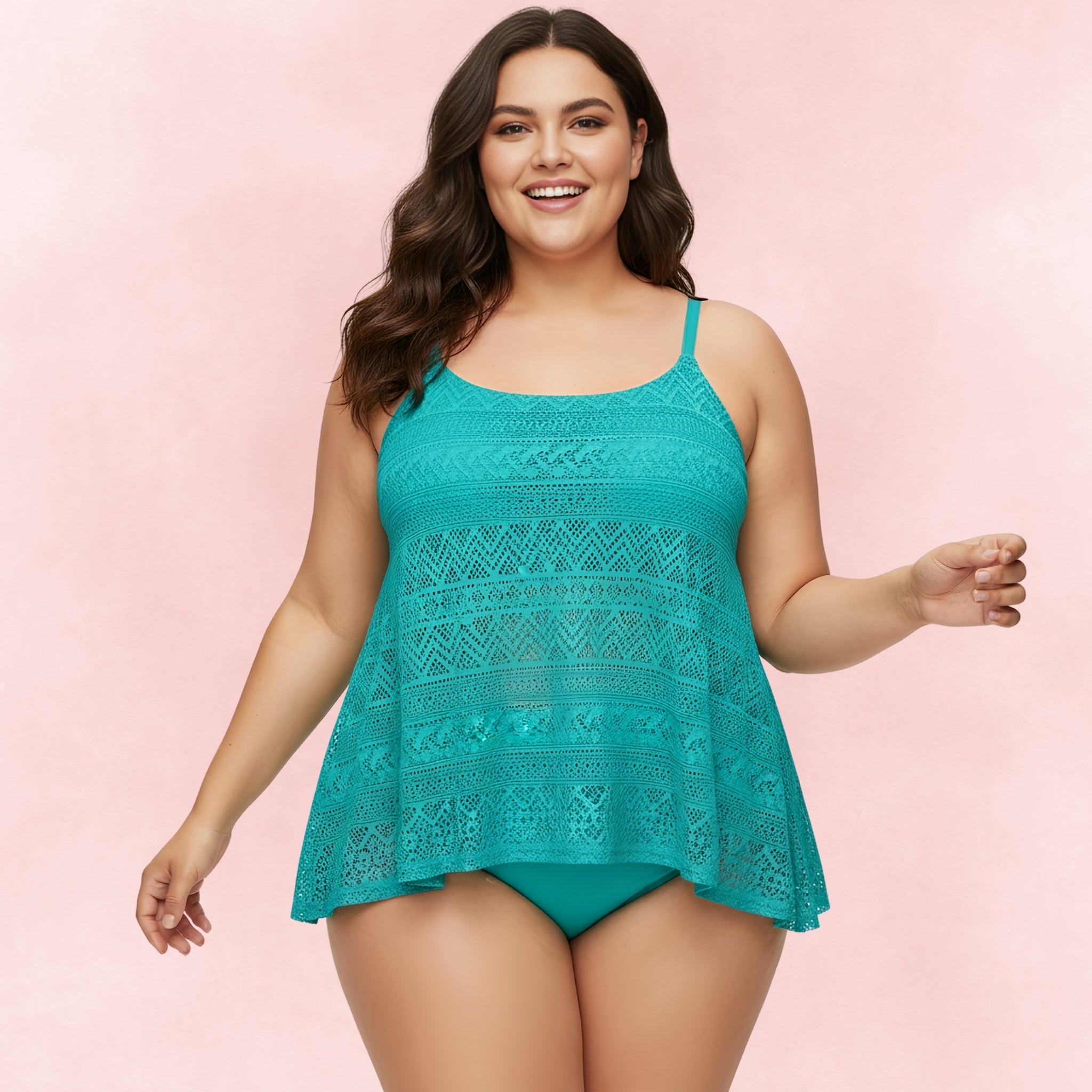 Plus size teal lace tankini top with matching bikini briefs, lightweight and stylish swimwear.