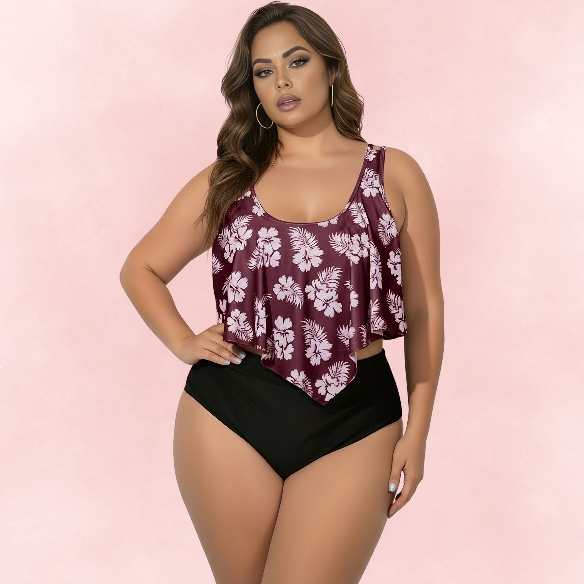 Plus size wine red floral tankini top with black high waist bottoms