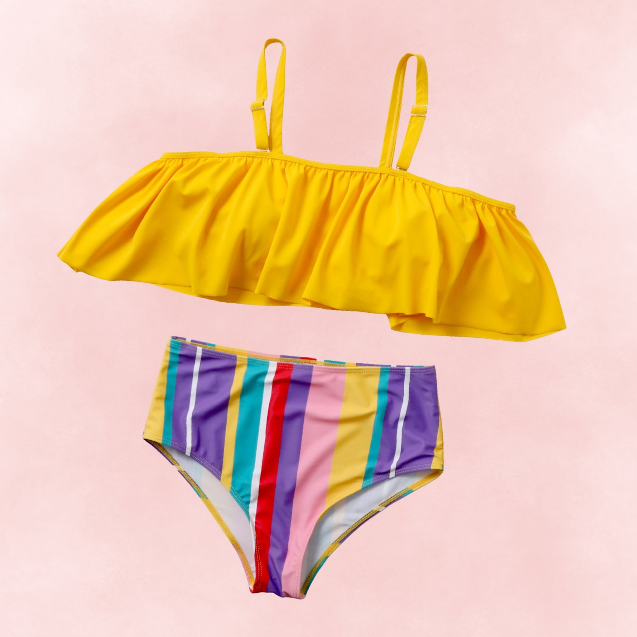 Plus size bikini set with yellow ruffle off shoulder top and rainbow striped high waisted bottoms