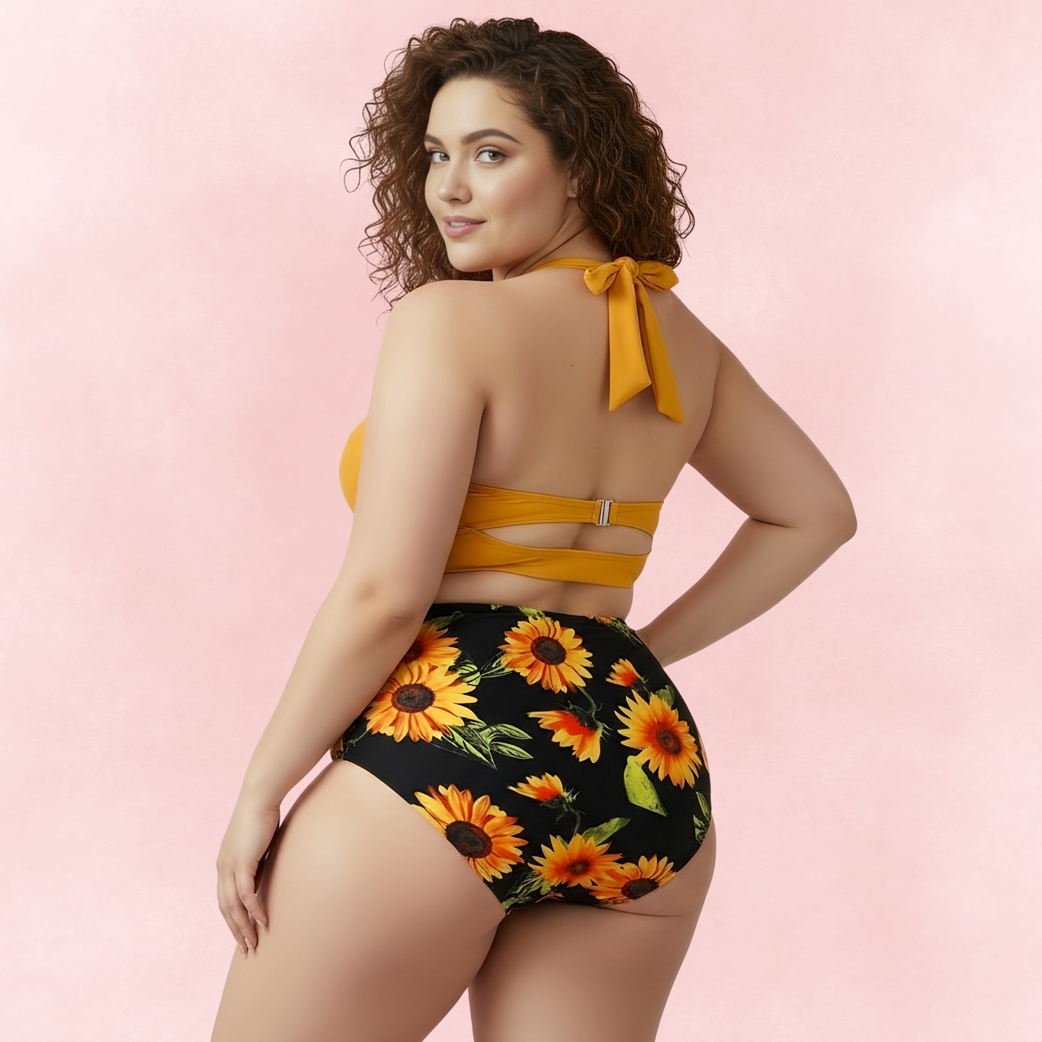 Plus size sunflower print bikini with yellow halter top, back view, featuring high-waist bottoms for curve-enhancing style.