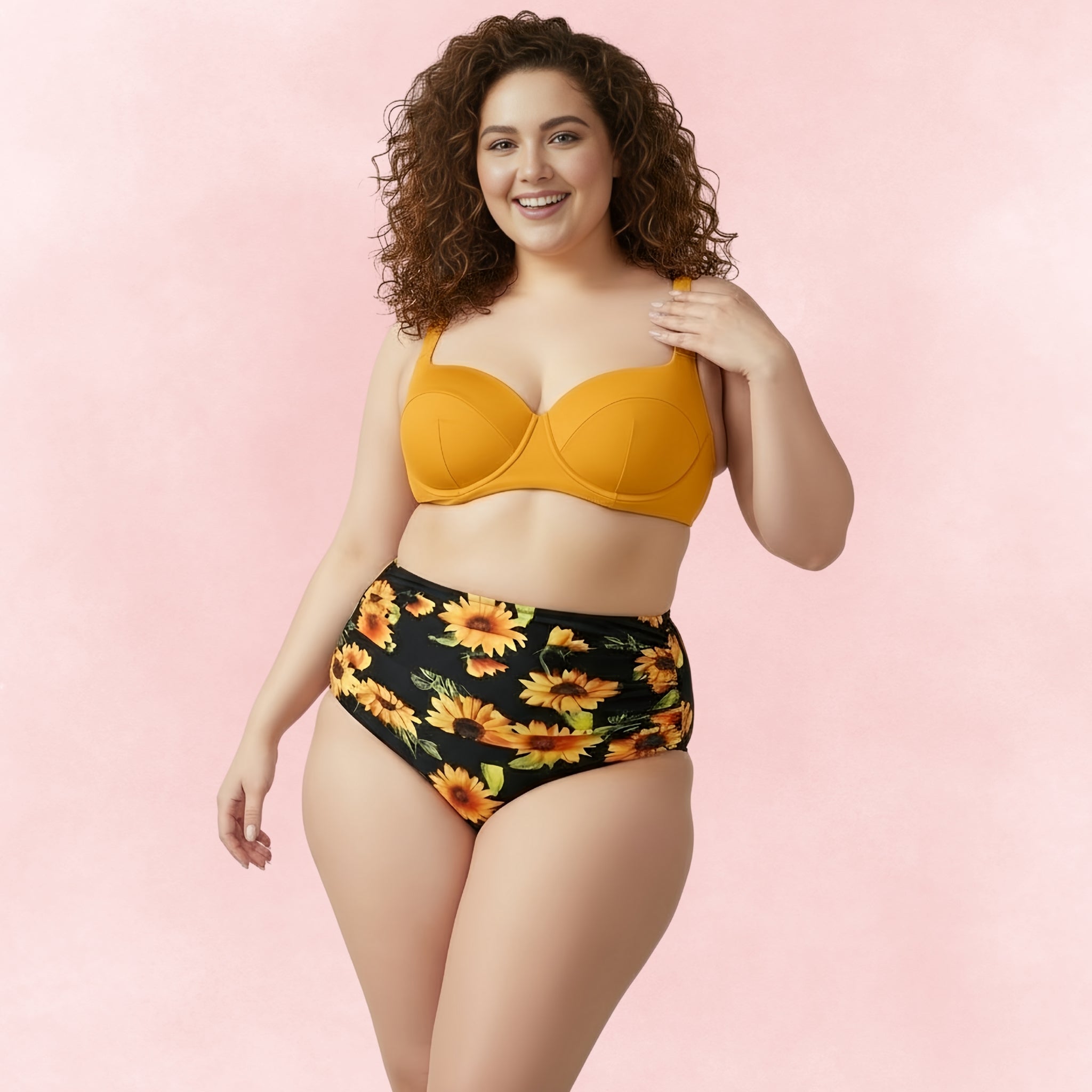 Curvy woman in a sunflower print bikini with mustard yellow underwire top and high-waist bottoms, front view.