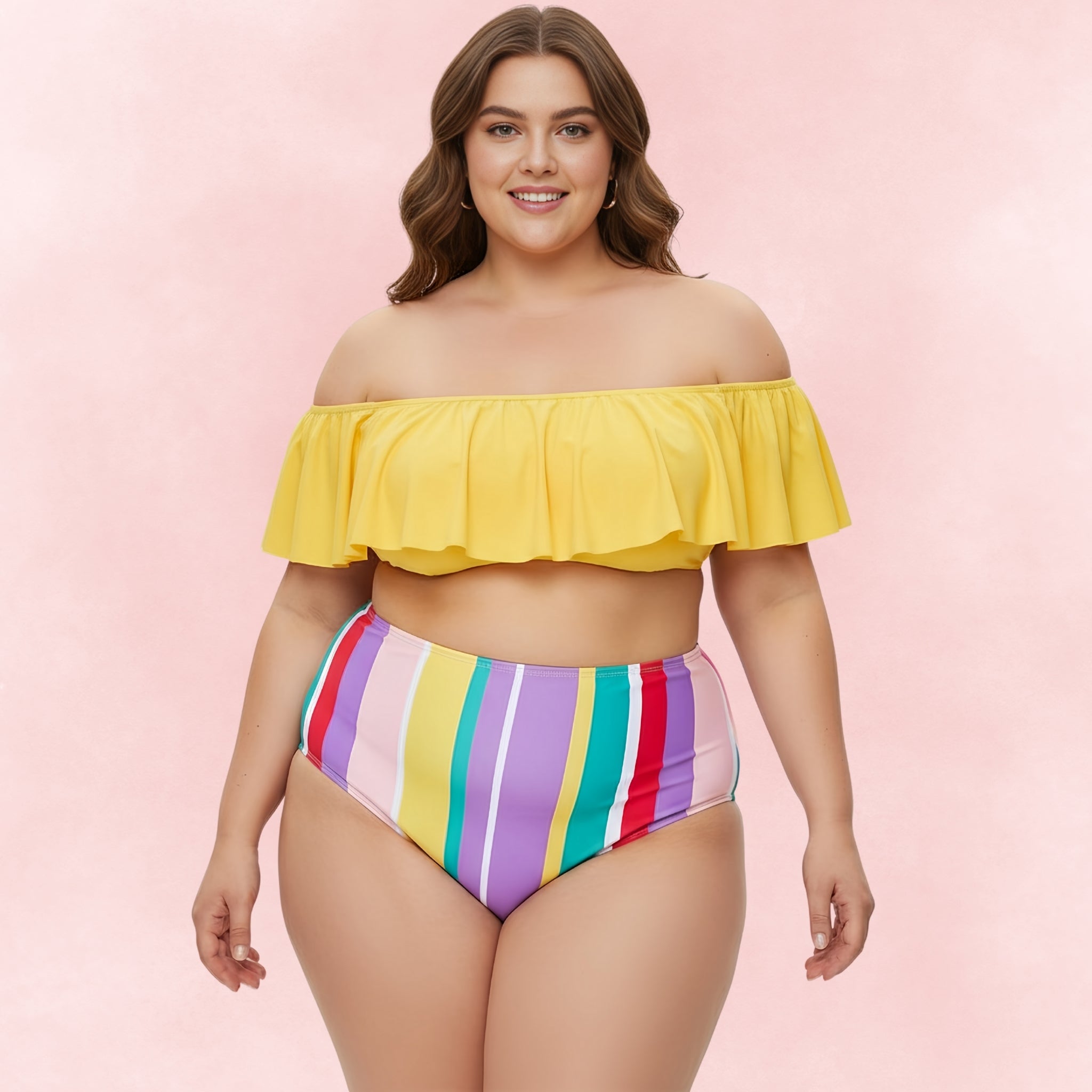 Plus size model wearing rainbow stripe bikini with yellow off shoulder ruffle top and high waist bottom