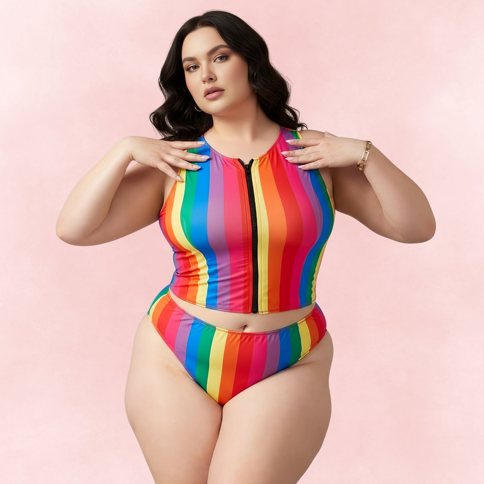 Front view of plus size woman wearing rainbow stripe bikini set with zip-front crop top and high waist bikini bottoms
