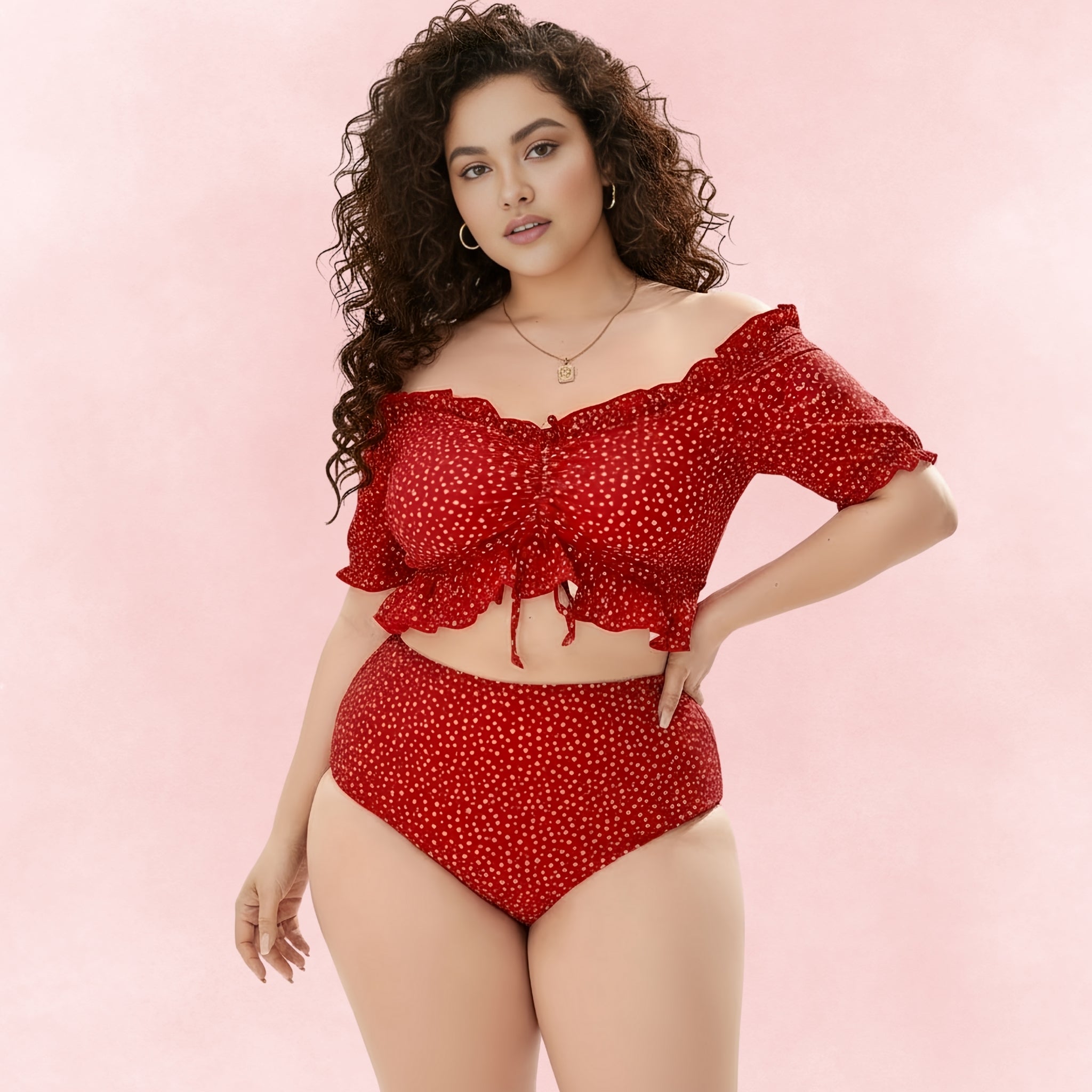 Plus size bikini set with red off-shoulder ruffle top and matching high-waisted polka-dot bottoms.