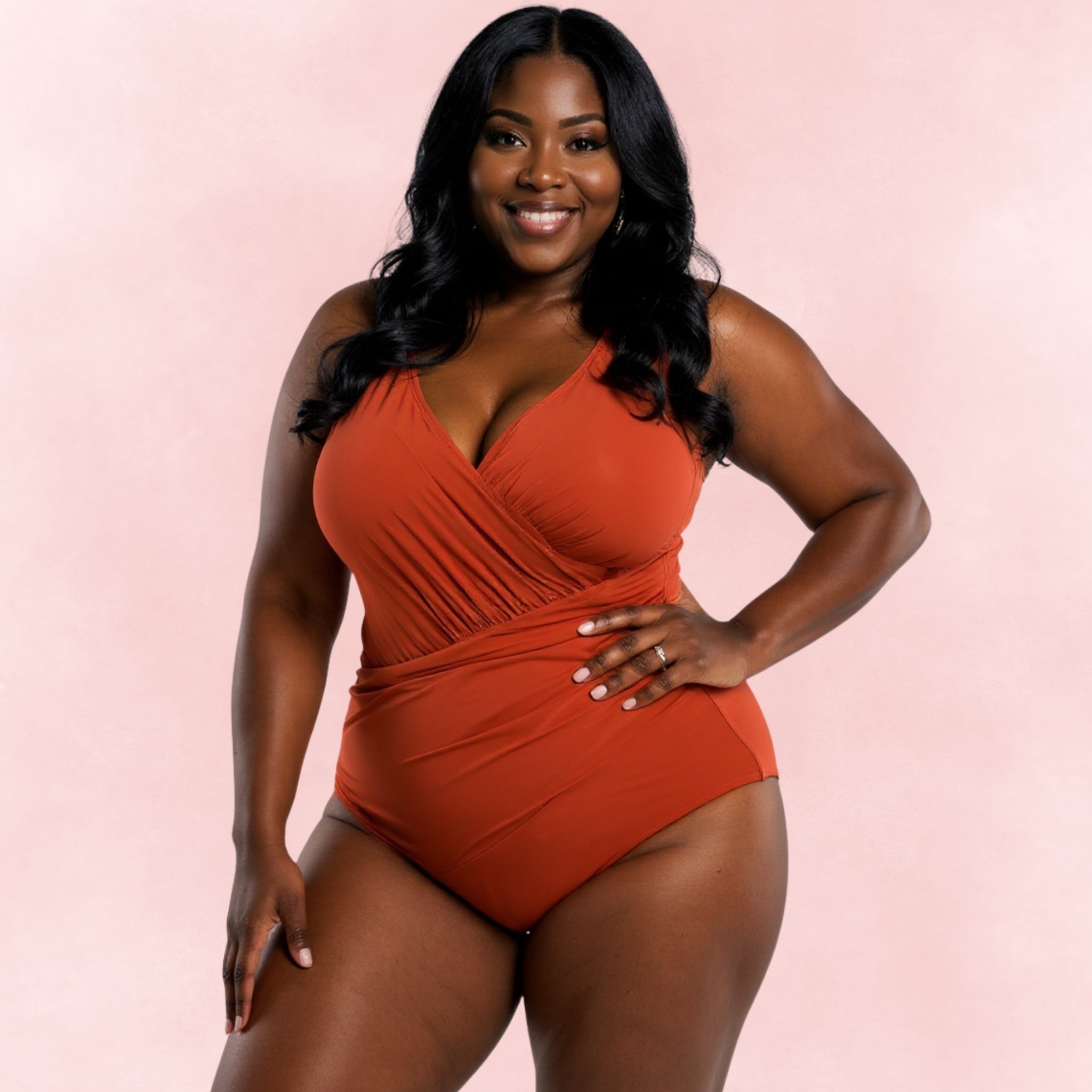 Plus size one-piece swimsuit in rust orange with wrap front design, front view