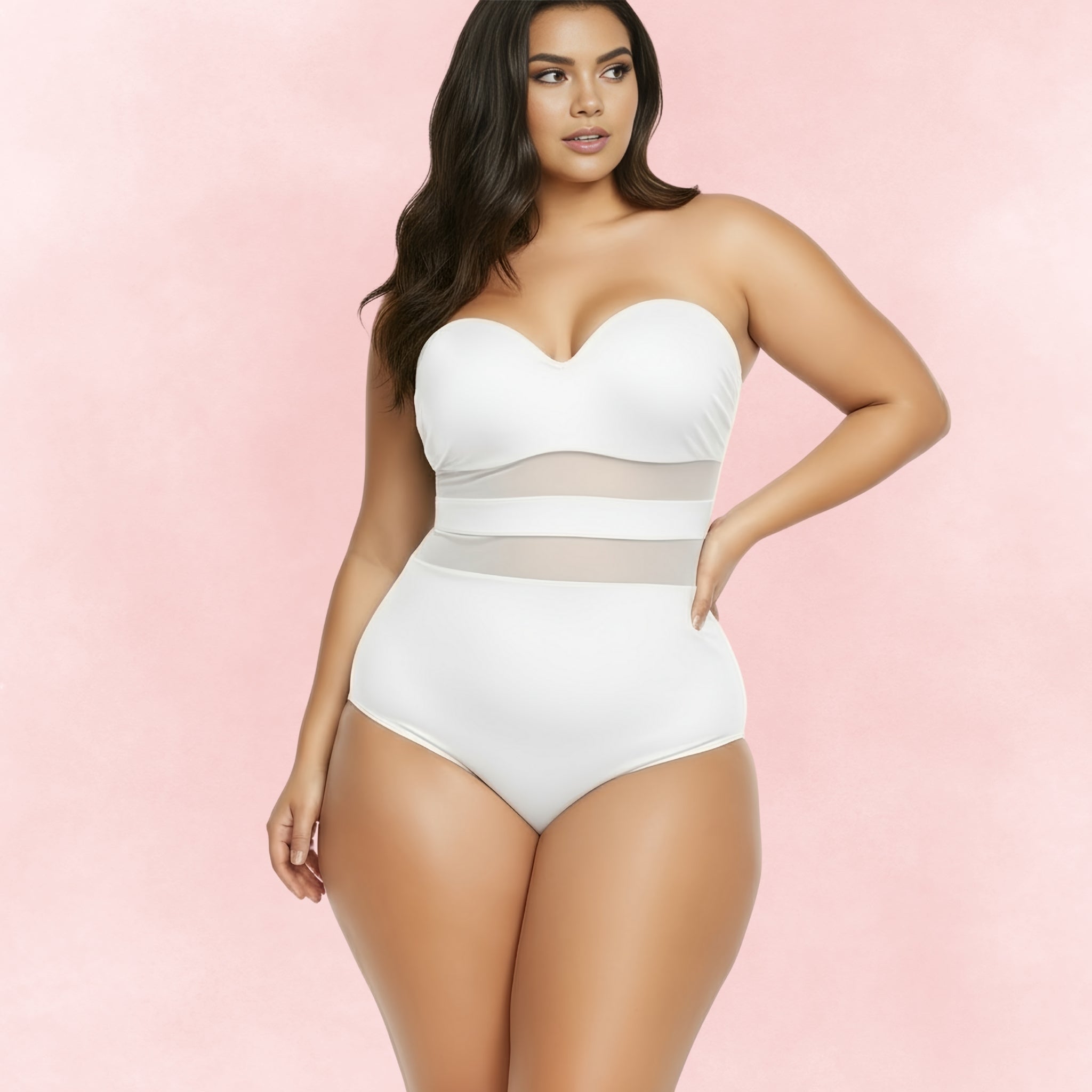 Plus size white one-piece swimsuit with sweetheart neckline and sheer mesh waist panels, front view