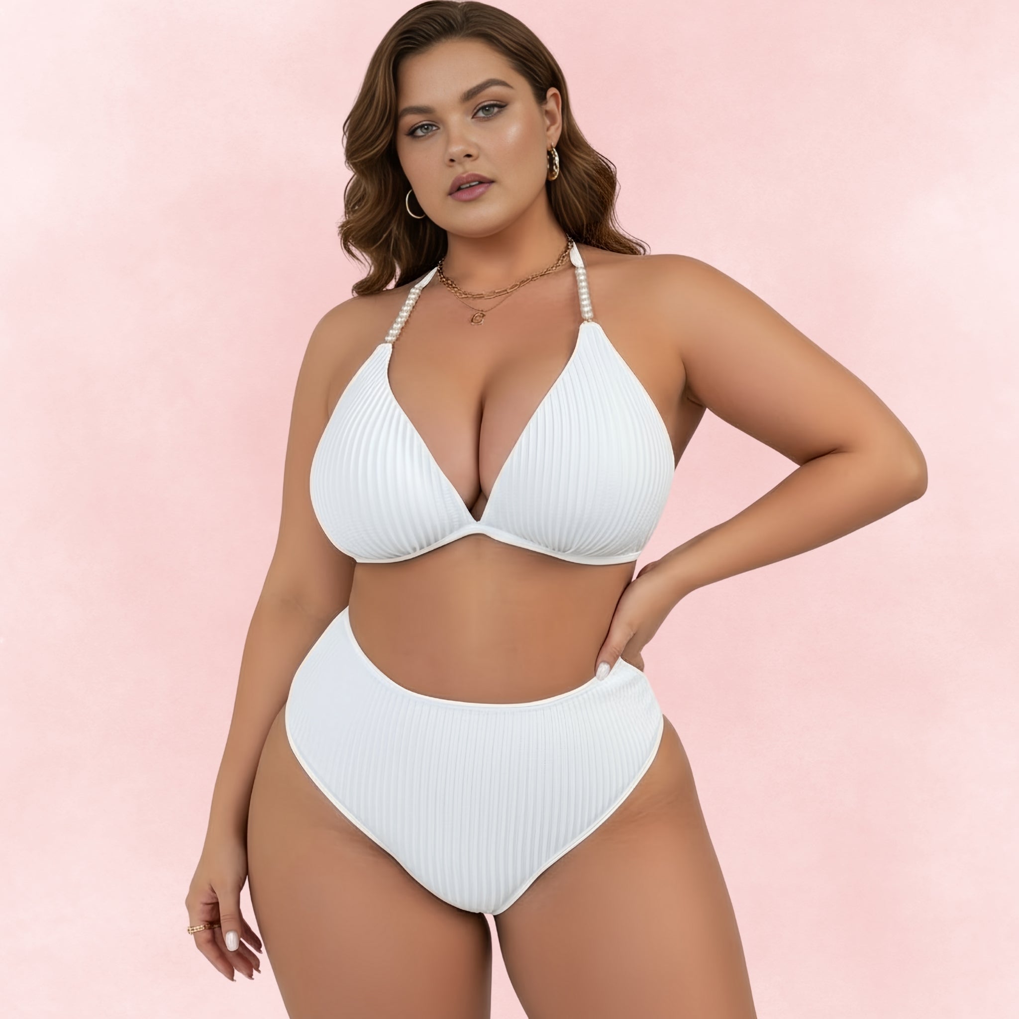 Front view of plus size woman in white ribbed bikini with pearl strap halter top and high waist bottoms