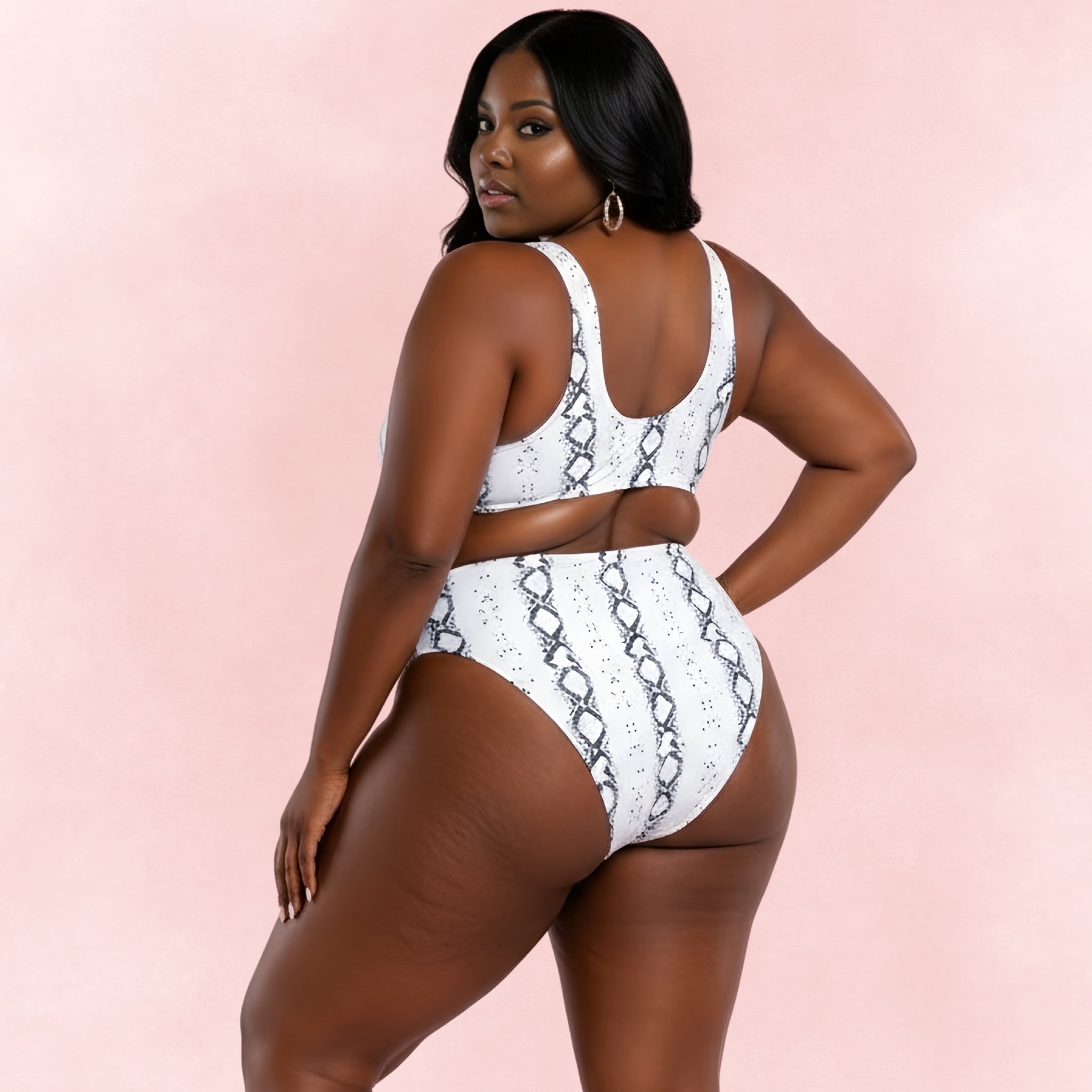 Plus size white snake print one piece swimsuit with cut-out back design.